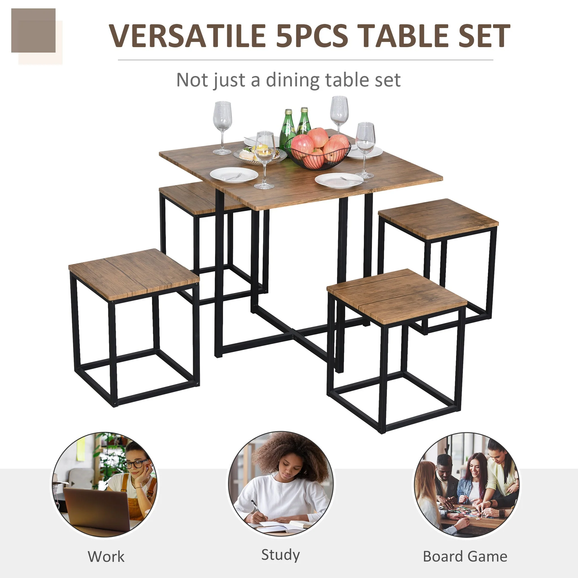 5-Piece Industrial Table & Stool Set w/ Metal Frame Home Dining Stylish Square Compact Seating Chair Beautiful Cool Black Brown - Image 6