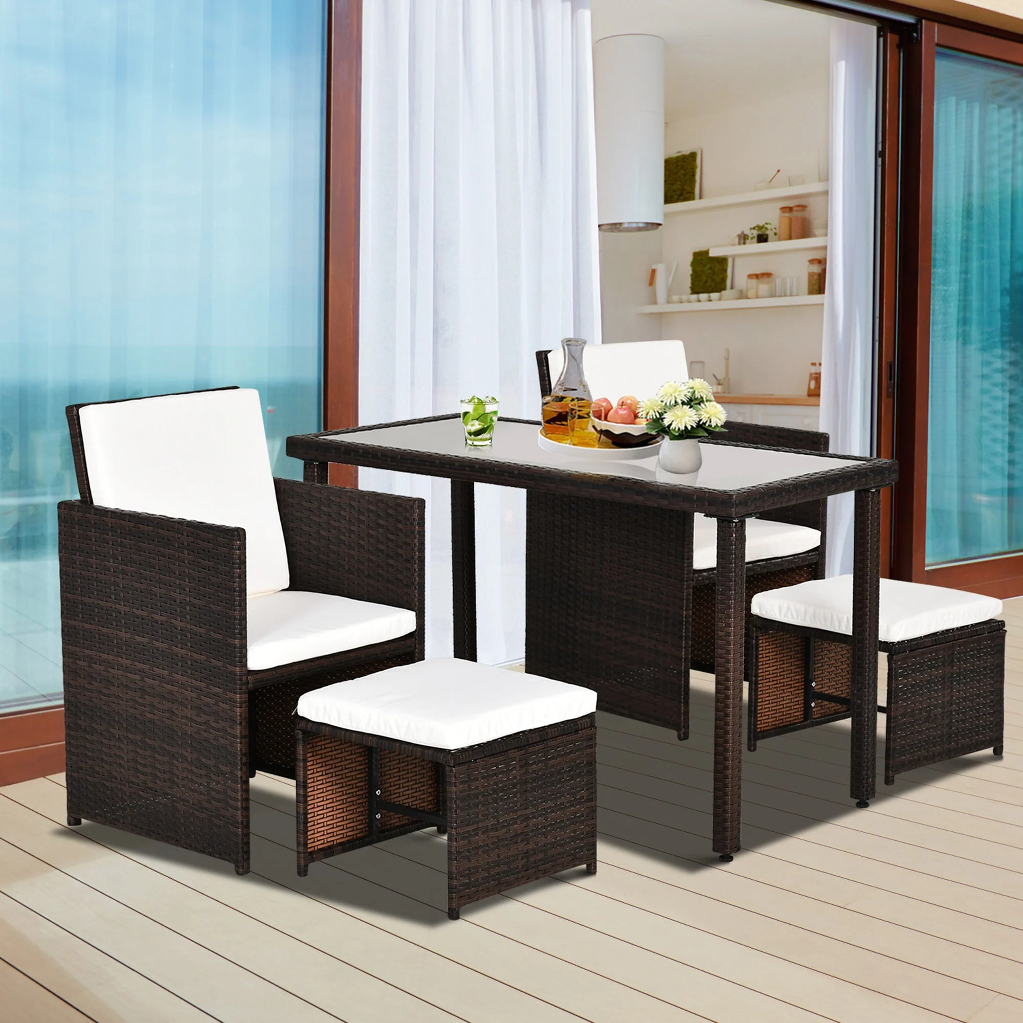 5-Piece Rattan Garden Furniture Space-saving Wicker Weave Sofa Set Conservatory Dining Table Table Chair Footrest Cushioned Brown - Image 2