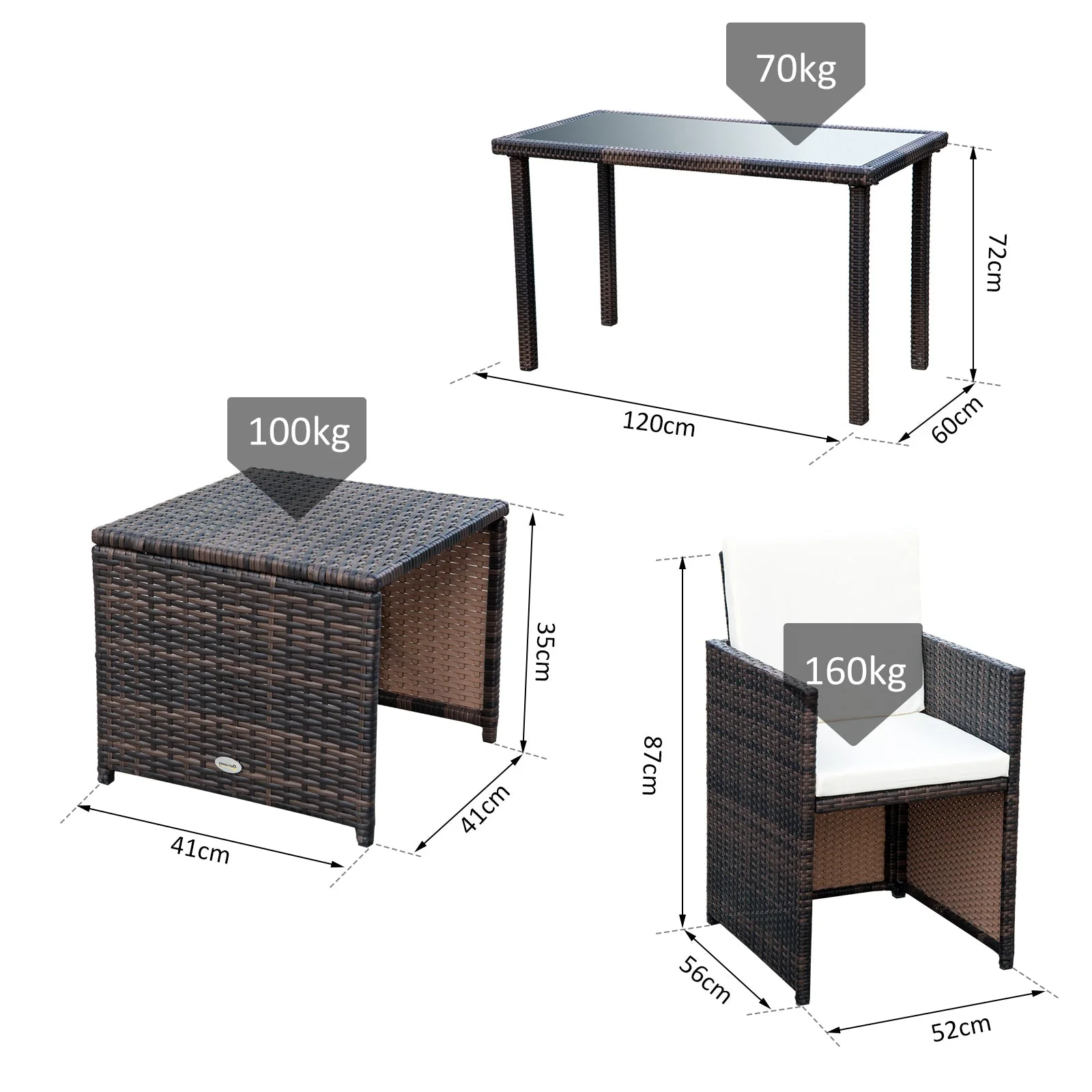 5-Piece Rattan Garden Furniture Space-saving Wicker Weave Sofa Set Conservatory Dining Table Table Chair Footrest Cushioned Brown - Image 3