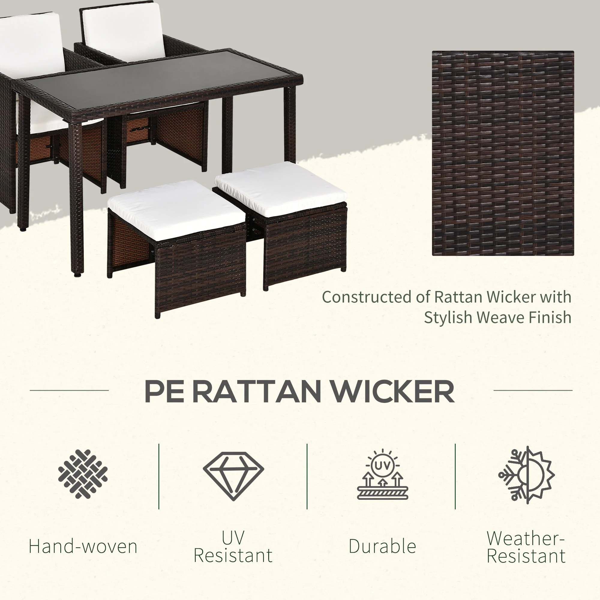 5-Piece Rattan Garden Furniture Space-saving Wicker Weave Sofa Set Conservatory Dining Table Table Chair Footrest Cushioned Brown - Image 4