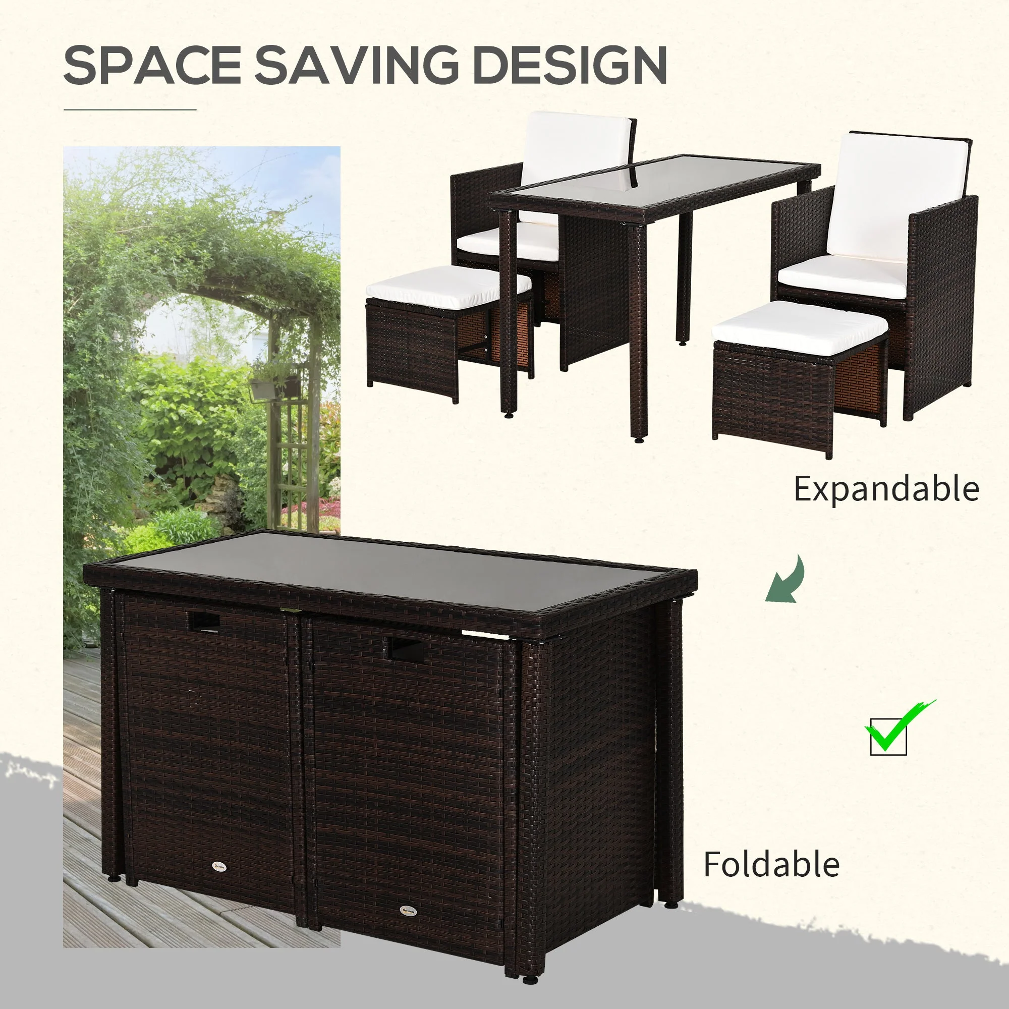 5-Piece Rattan Garden Furniture Space-saving Wicker Weave Sofa Set Conservatory Dining Table Table Chair Footrest Cushioned Brown - Image 5