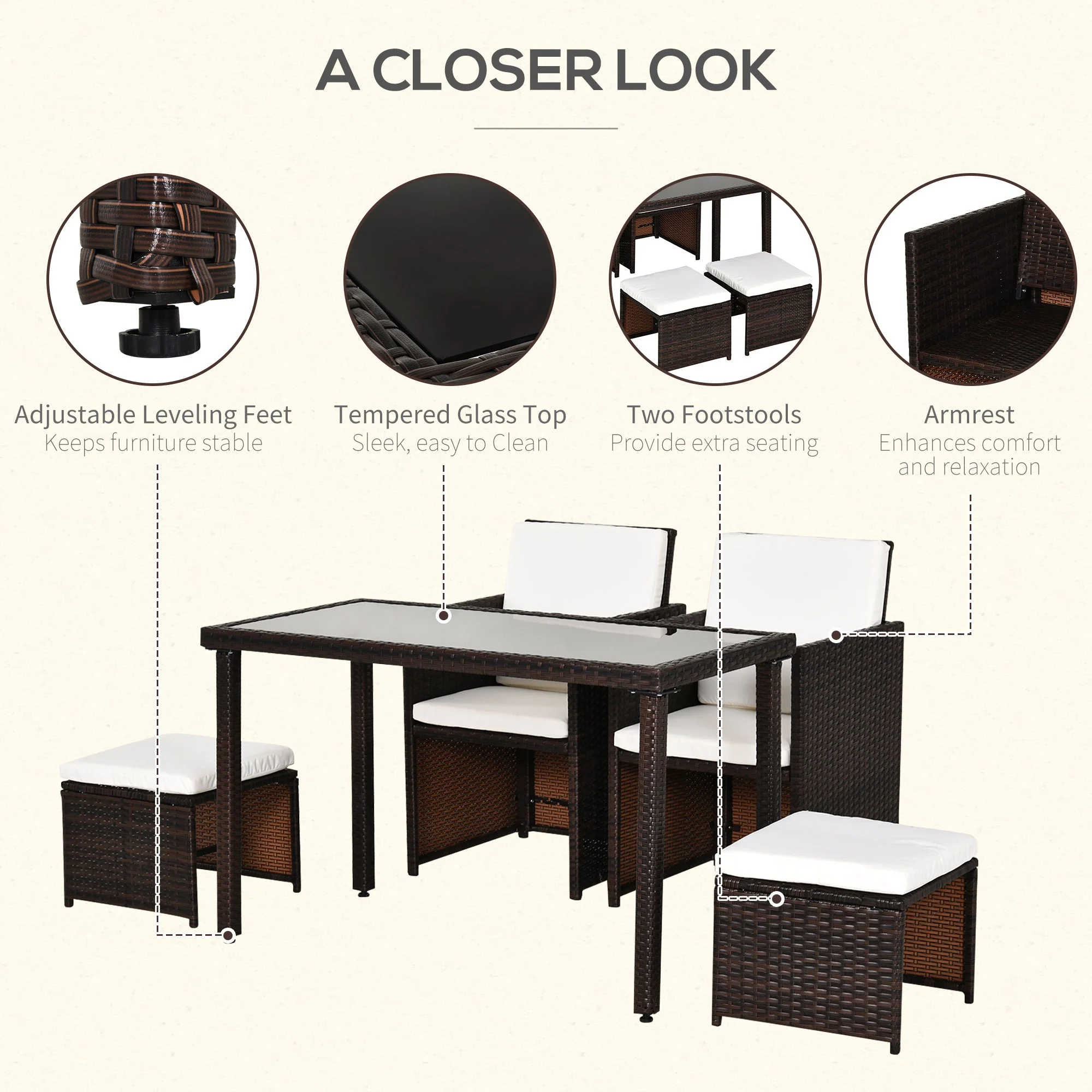 5-Piece Rattan Garden Furniture Space-saving Wicker Weave Sofa Set Conservatory Dining Table Table Chair Footrest Cushioned Brown - Image 6
