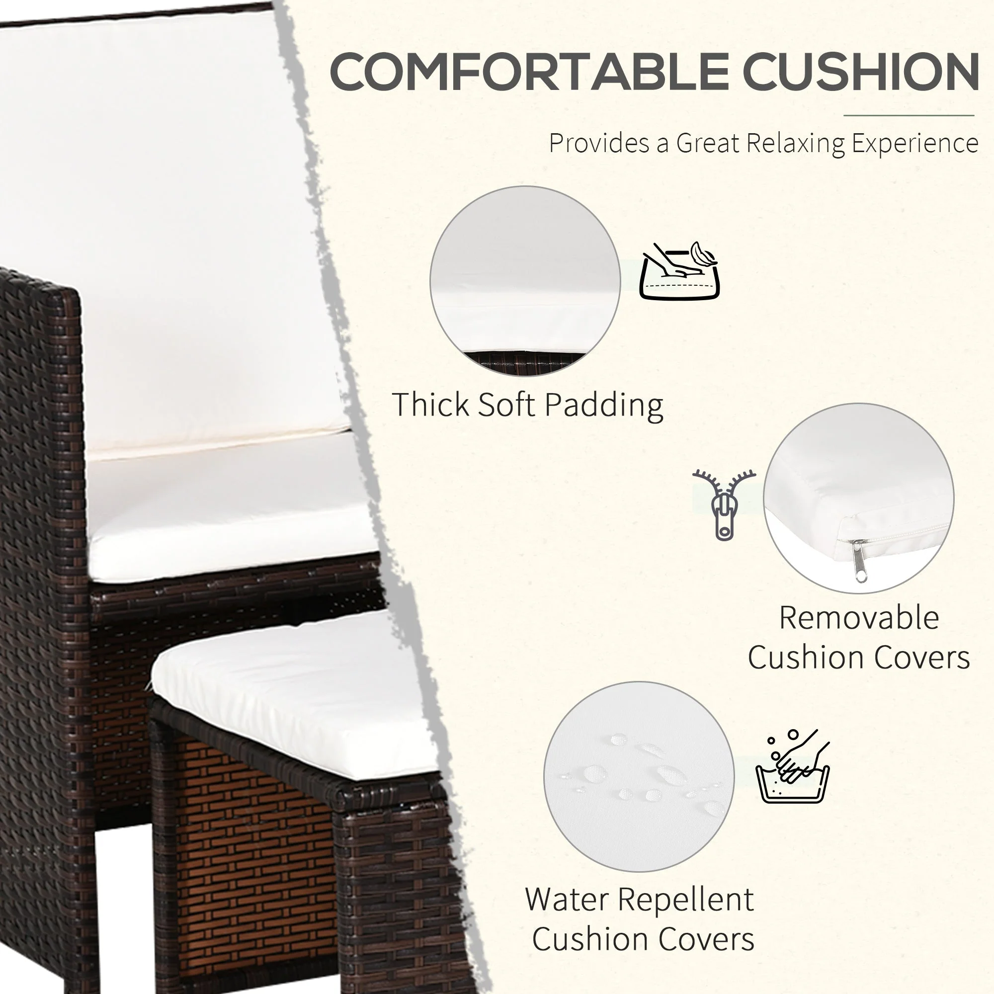 5-Piece Rattan Garden Furniture Space-saving Wicker Weave Sofa Set Conservatory Dining Table Table Chair Footrest Cushioned Brown - Image 7