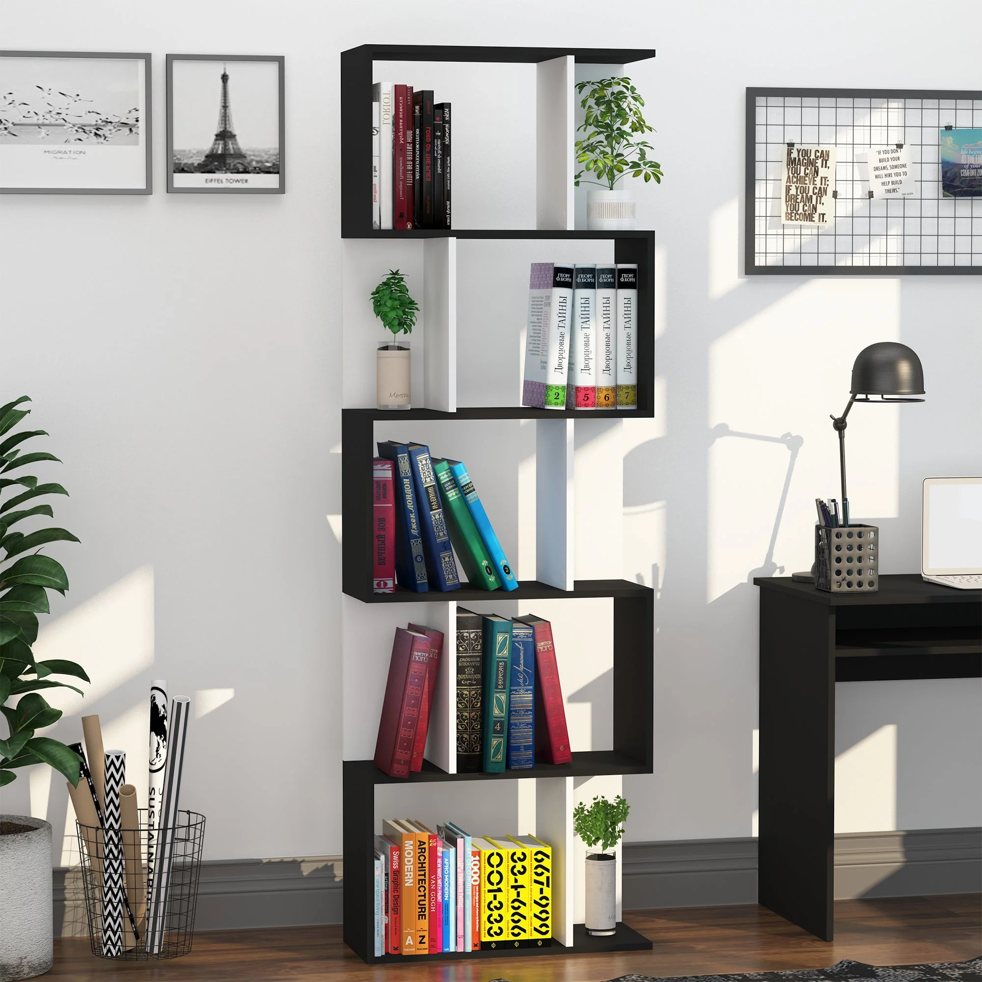 5-tier Bookcase Storage Display Shelving S Shape design Unit Divider Black - Image 2