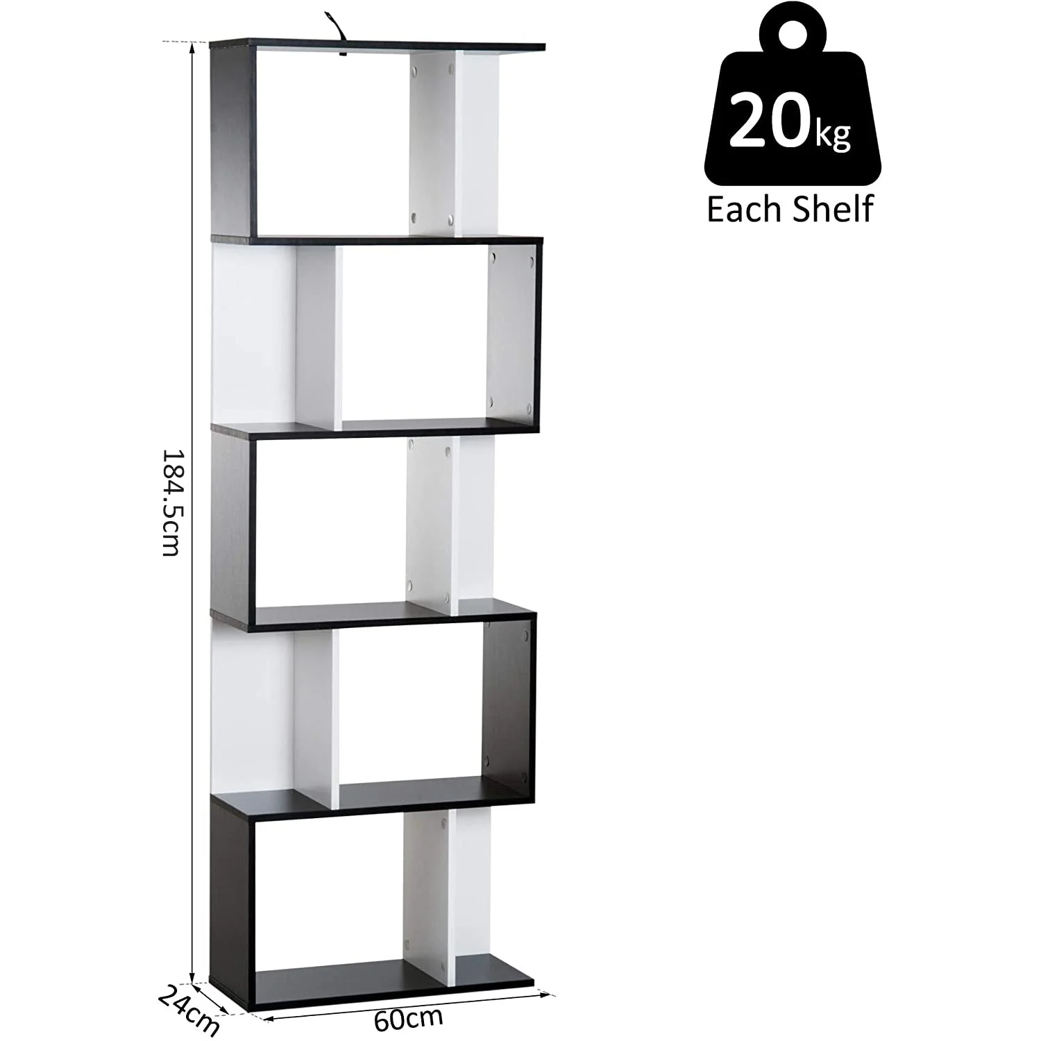 5-tier Bookcase Storage Display Shelving S Shape design Unit Divider Black - Image 3