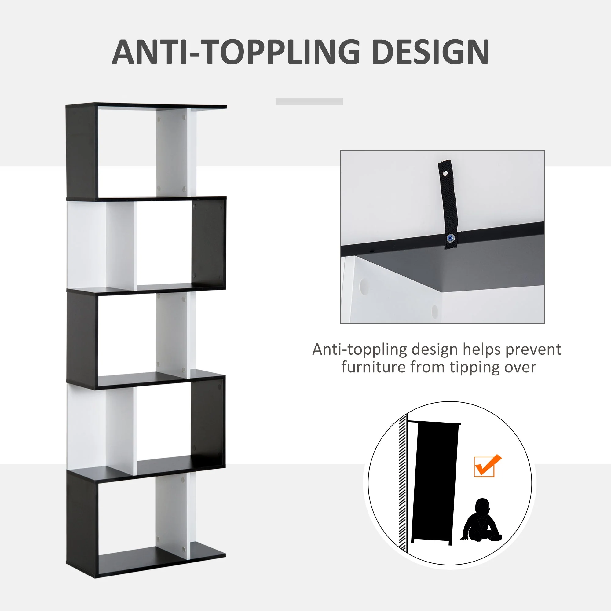 5-tier Bookcase Storage Display Shelving S Shape design Unit Divider Black - Image 5
