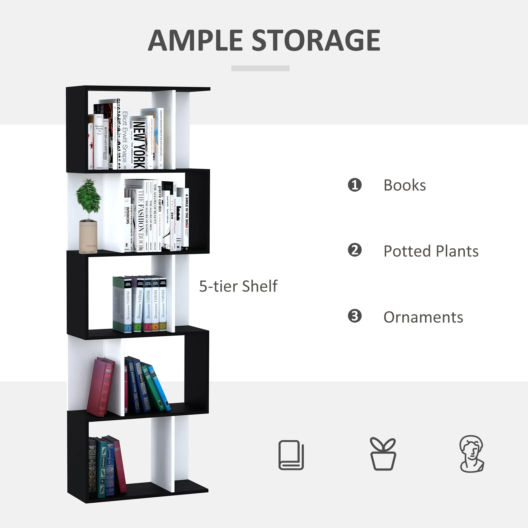 5-tier Bookcase Storage Display Shelving S Shape design Unit Divider Black - Image 6