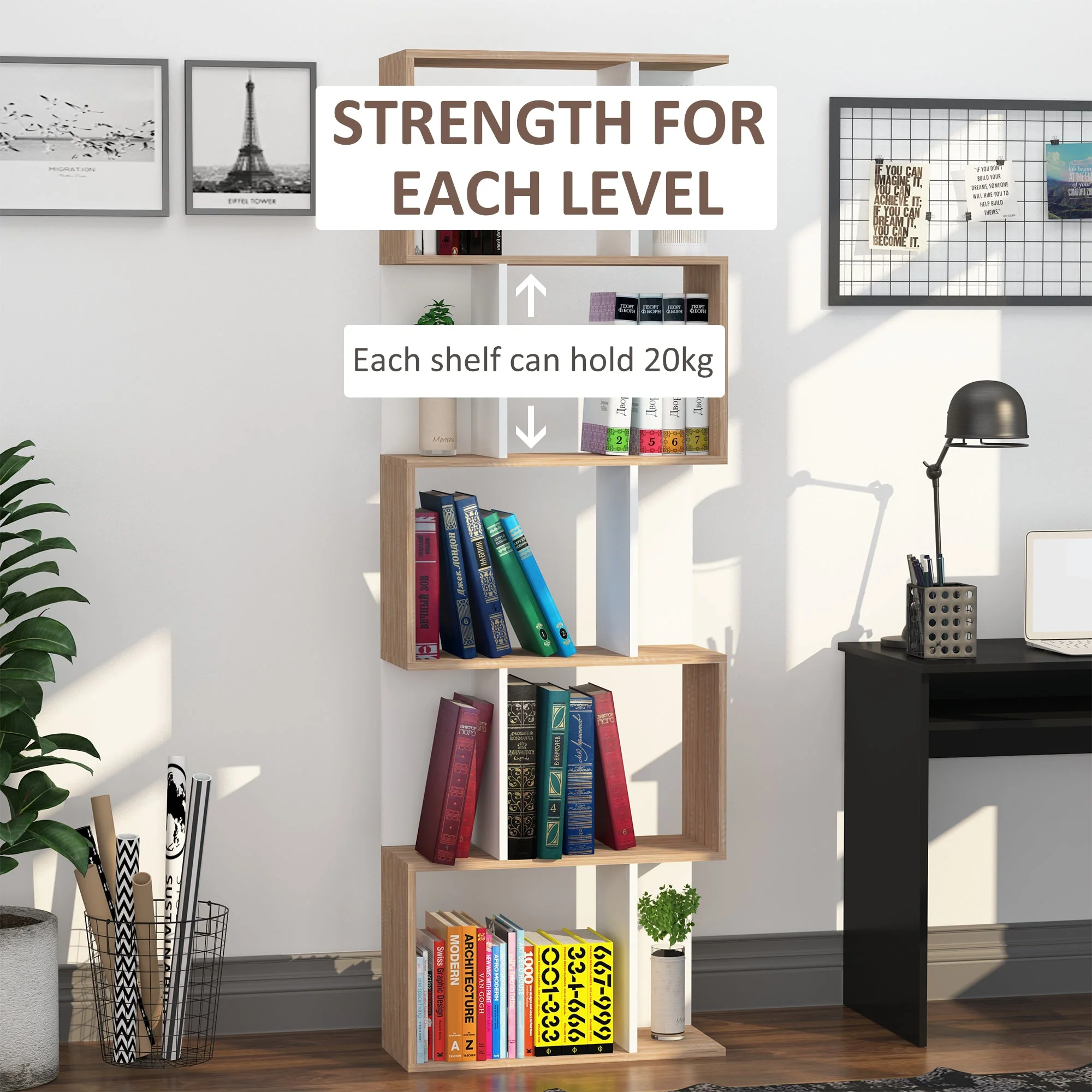 5-tier Bookcase Storage Display Shelving S Shape design Unit Divider Natural - Image 3