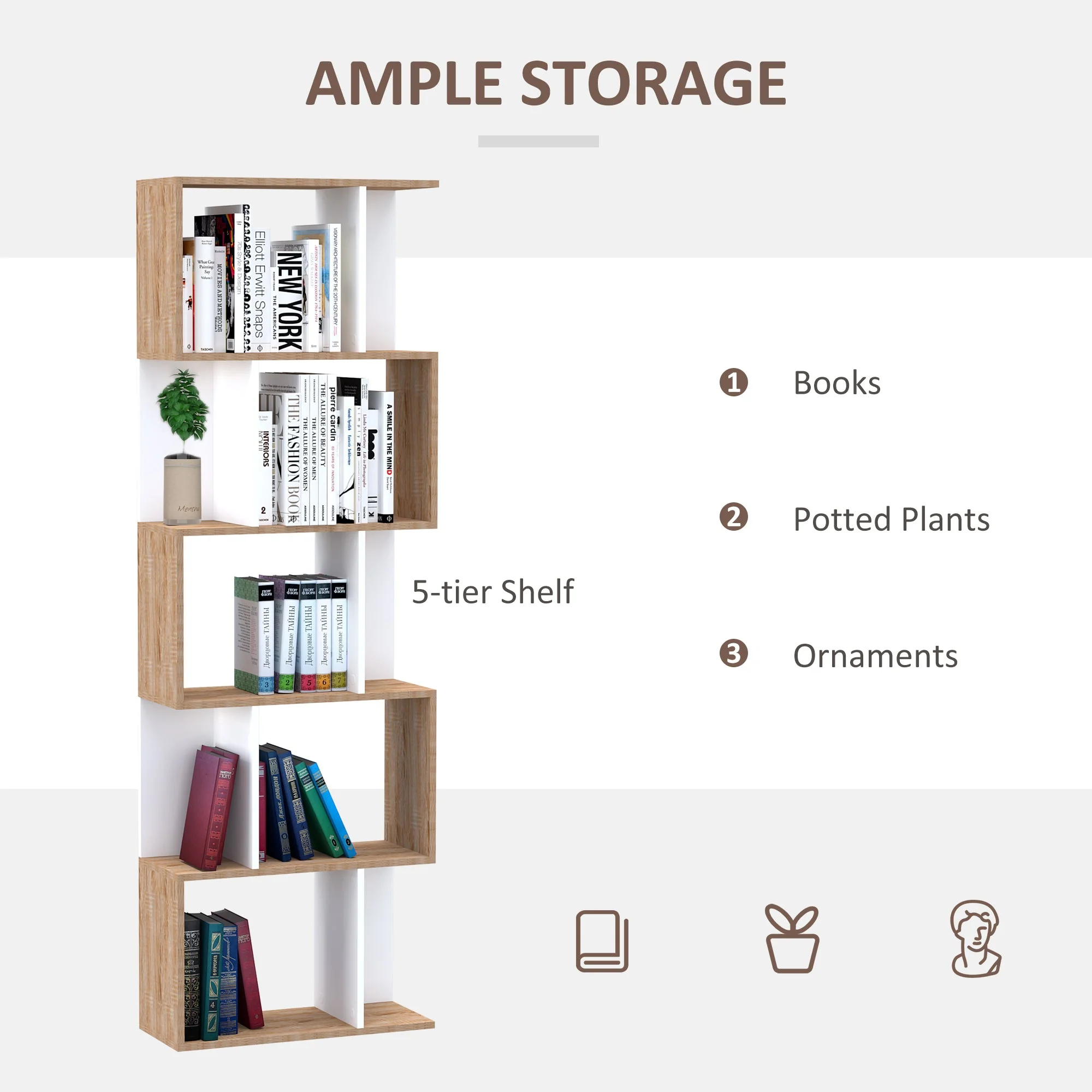 5-tier Bookcase Storage Display Shelving S Shape design Unit Divider Natural - Image 5