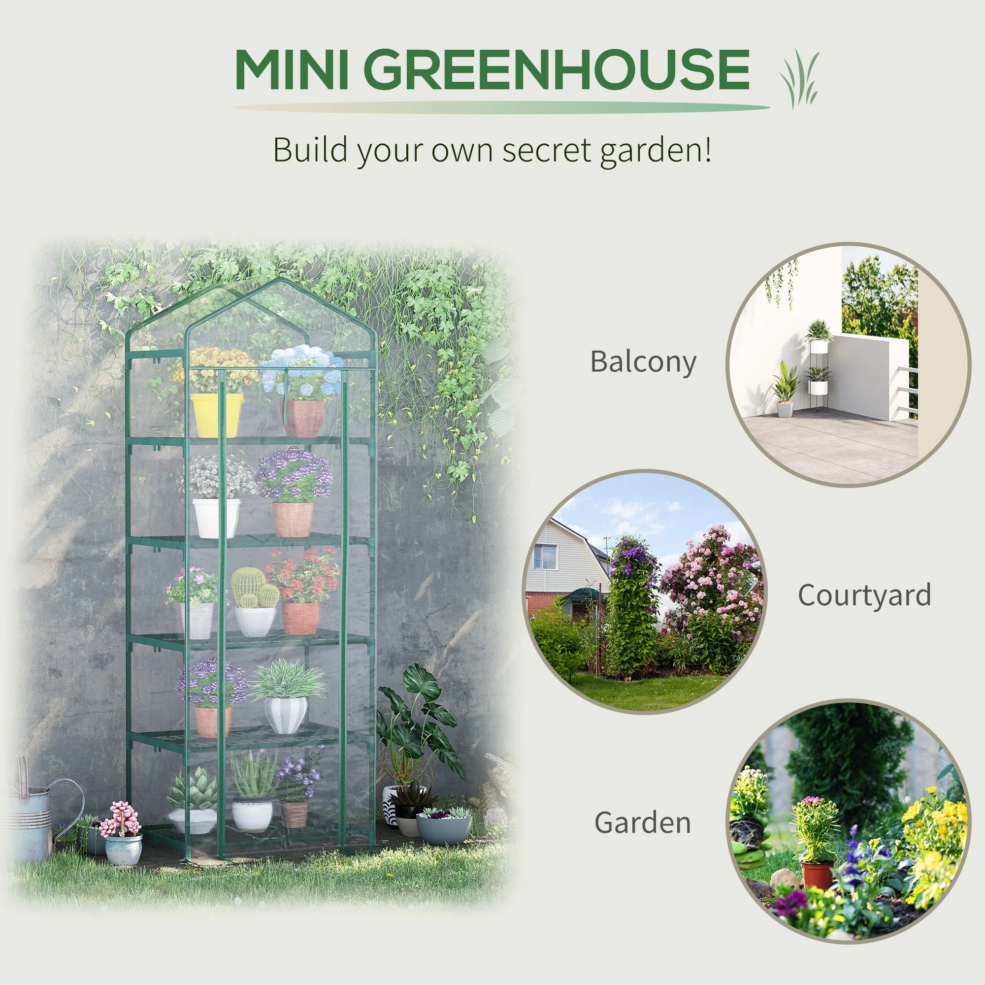 5 Tier Mini Greenhouse Outdoor Flower Stand Green House PVC Cover Portable Shed Metal Frame Transparent 69 x 49 x 193cm - Image 6