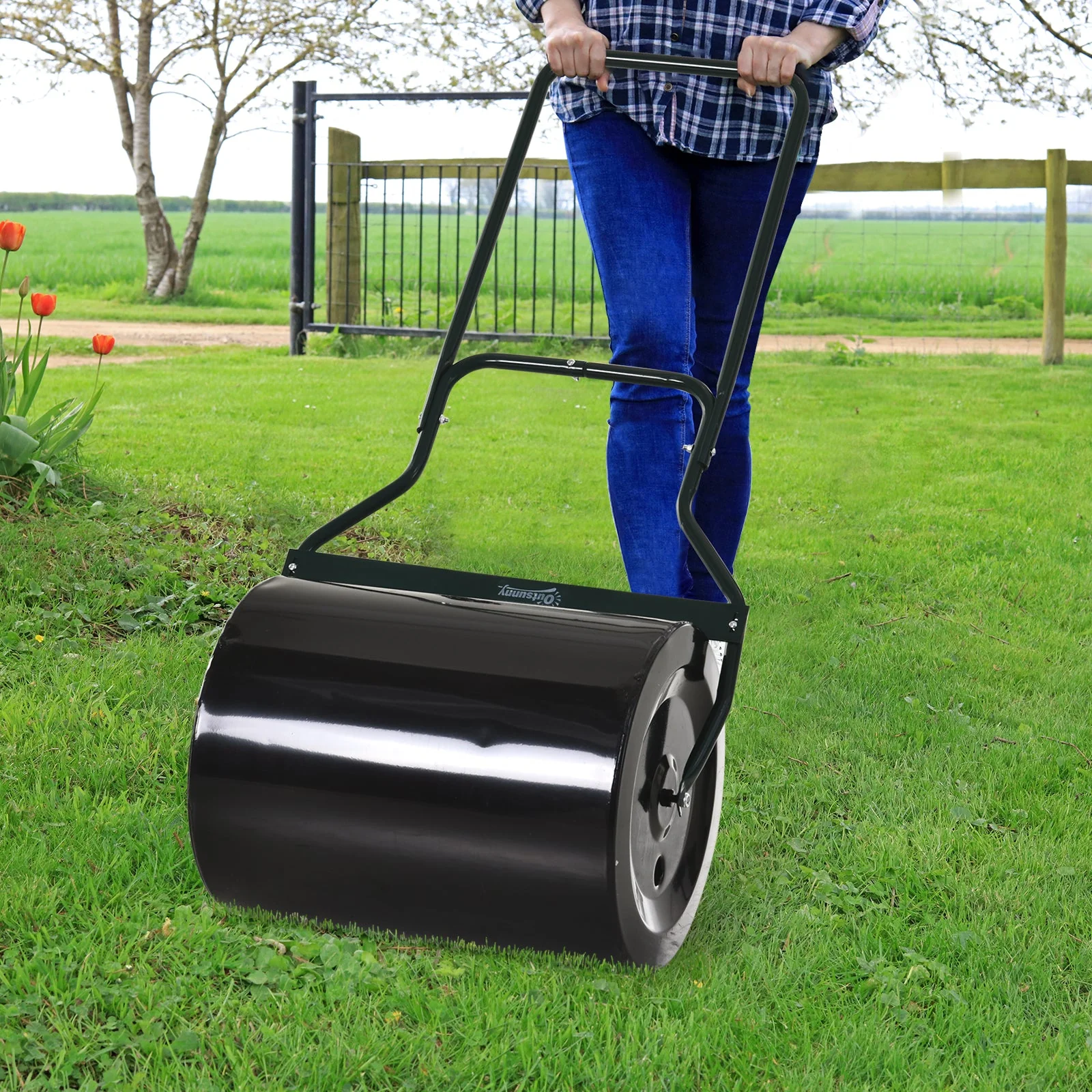 50cm Steel Garden Lawn Roller Push Pull w/ Fillable Cylinder Water Sand Plug Lawn Flatten Seed Sow Rolling Drum w/ Handle - Image 9