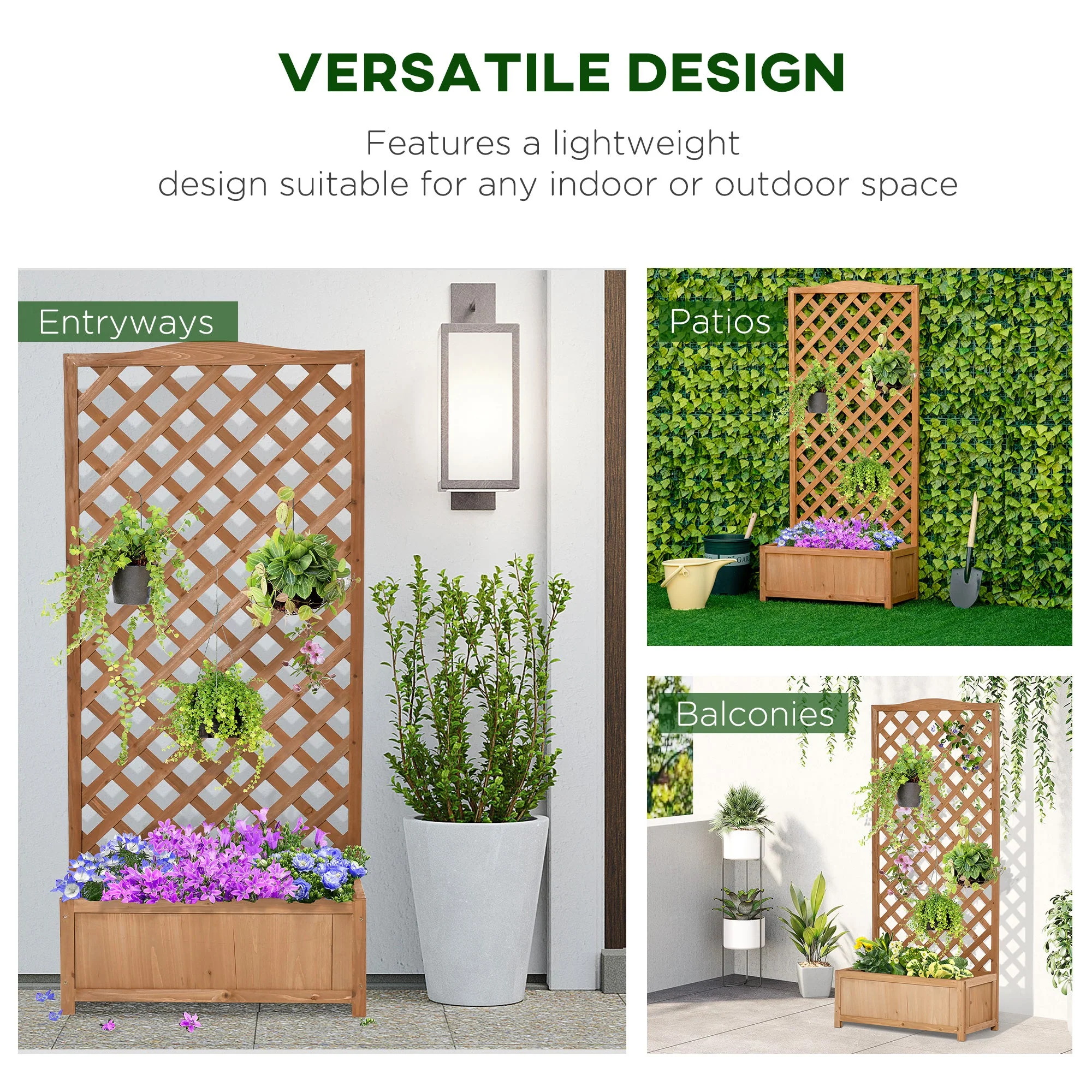 53L Garden Wooden Planter Box with Trellis Free Standing Flower Raised Bed with Lattice for Climbing Plants - Image 3