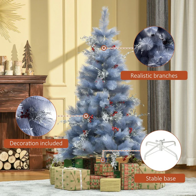 5FT Indoor Christmas Tree Artificial Berry Snow Xmas Decoration with Metal Stand and 222 Tips Grey - Image 7
