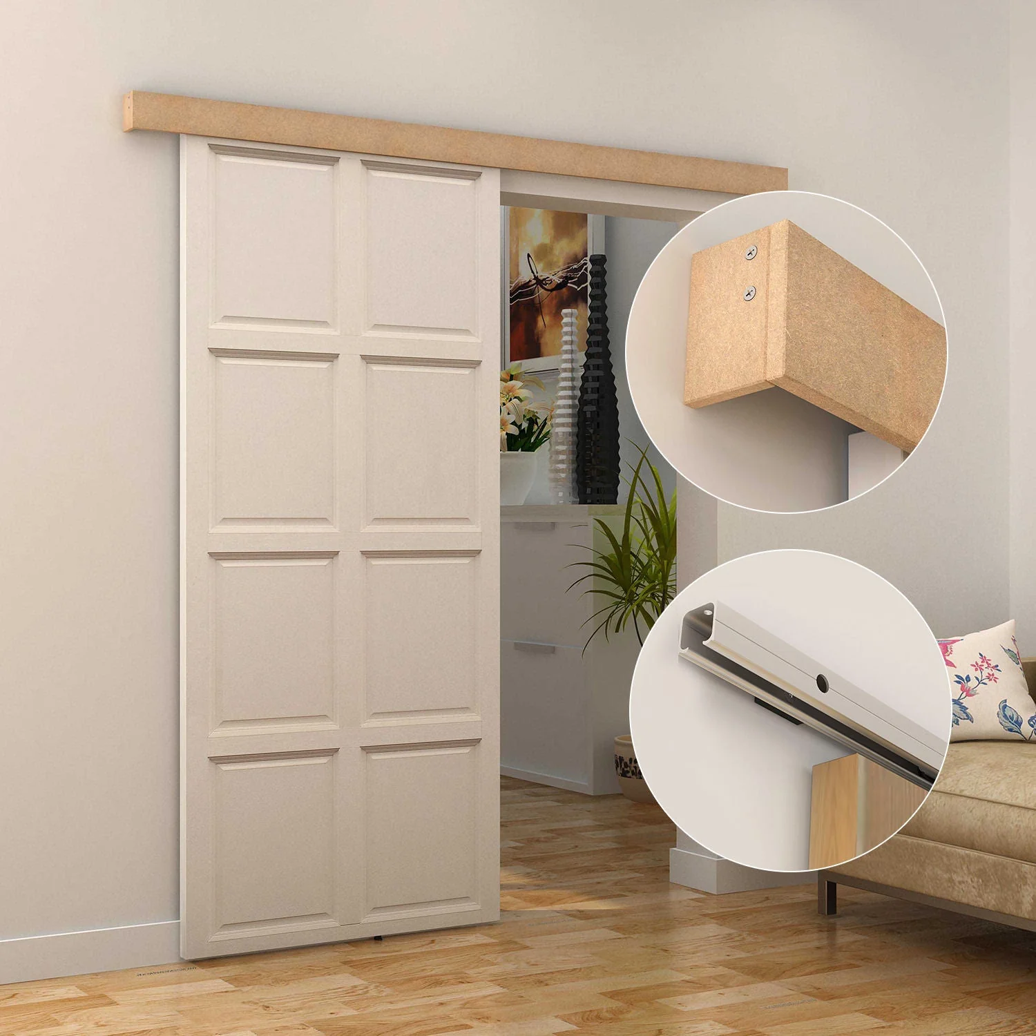 6.5FT Medium-density fibreboard Sliding Barn Door Track Kit Wood Tone - Image 9