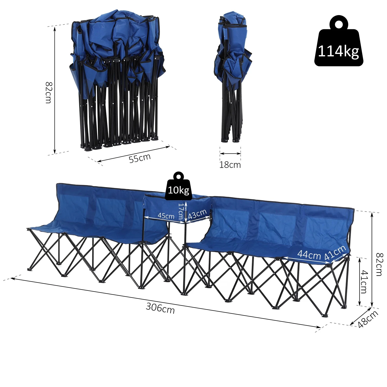 6 Seater Folding Steel Camping Bench w/ Cooler Bag Blue - Image 3