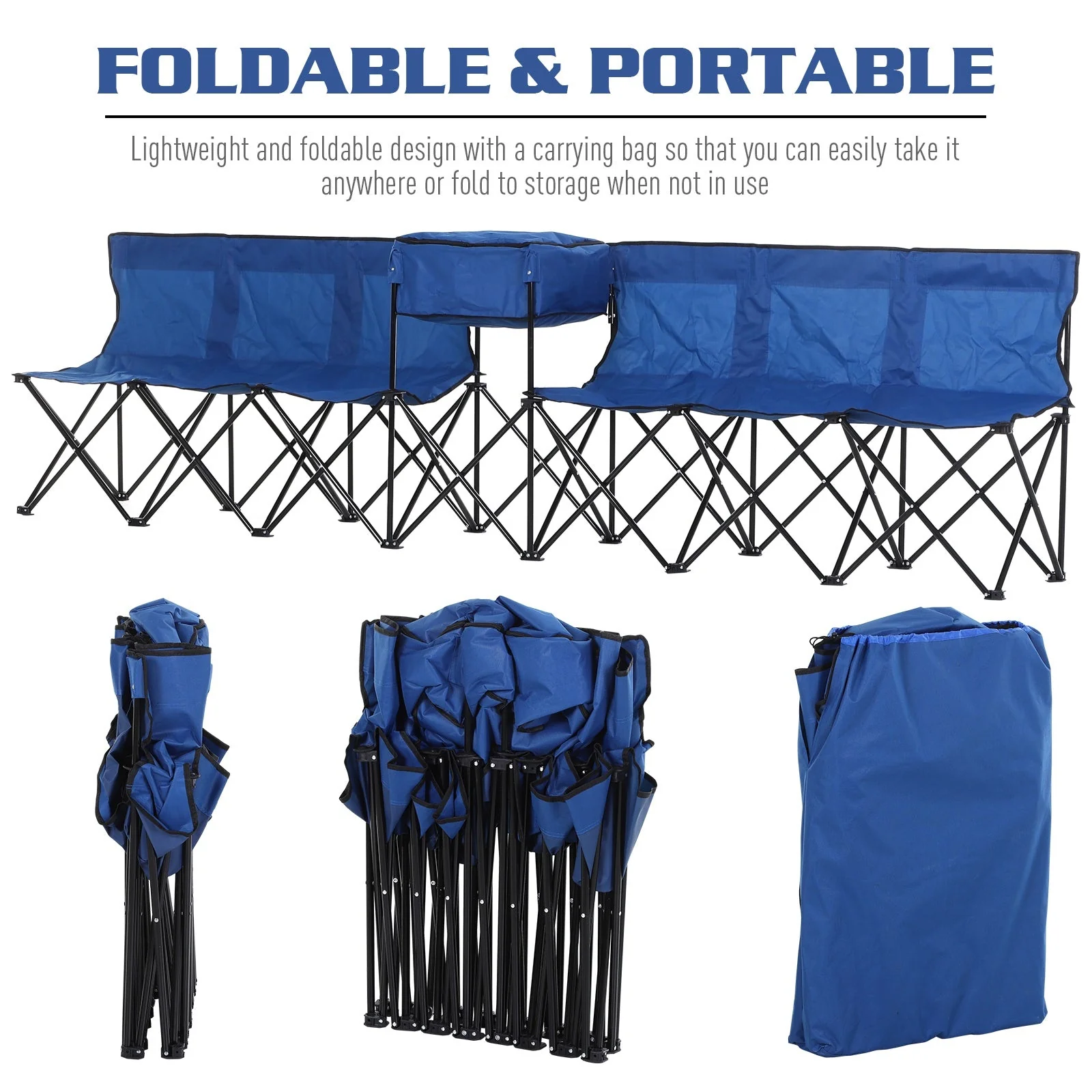 6 Seater Folding Steel Camping Bench w/ Cooler Bag Blue - Image 4