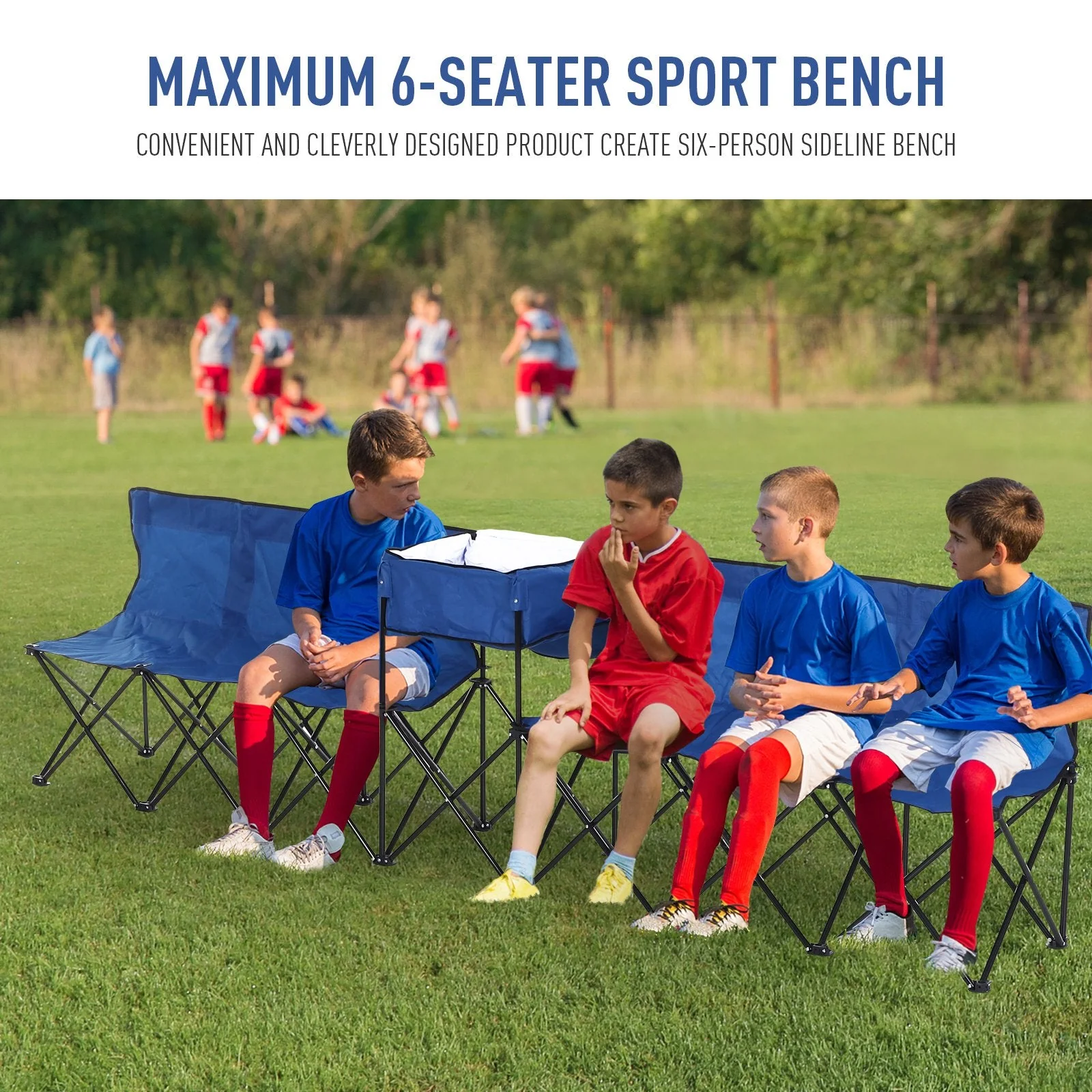 6 Seater Folding Steel Camping Bench w/ Cooler Bag Blue - Image 6
