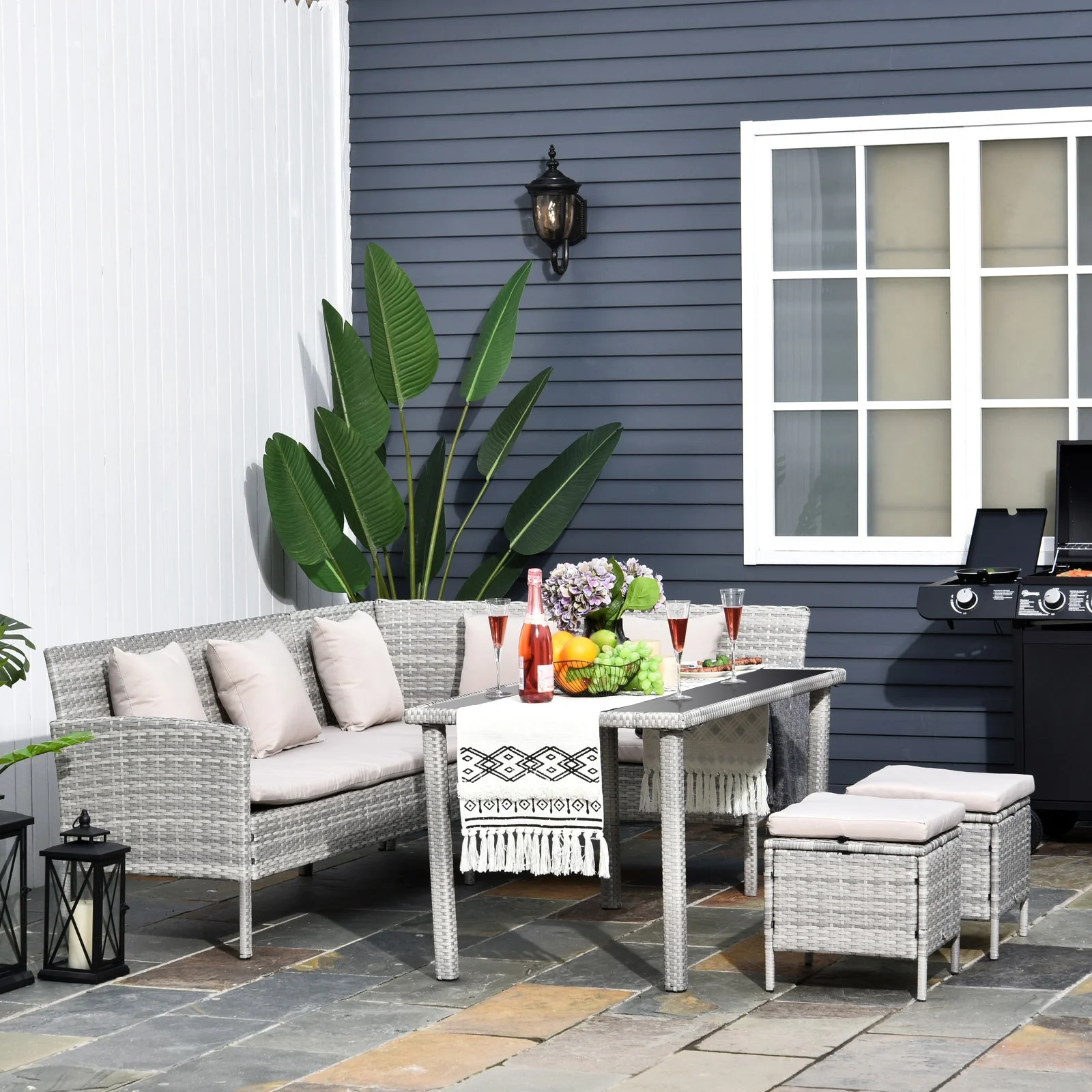 6 Seater Rattan Dining Set Sofa Table Footstool Outdoor w/ Cushion Garden Furniture - Image 2