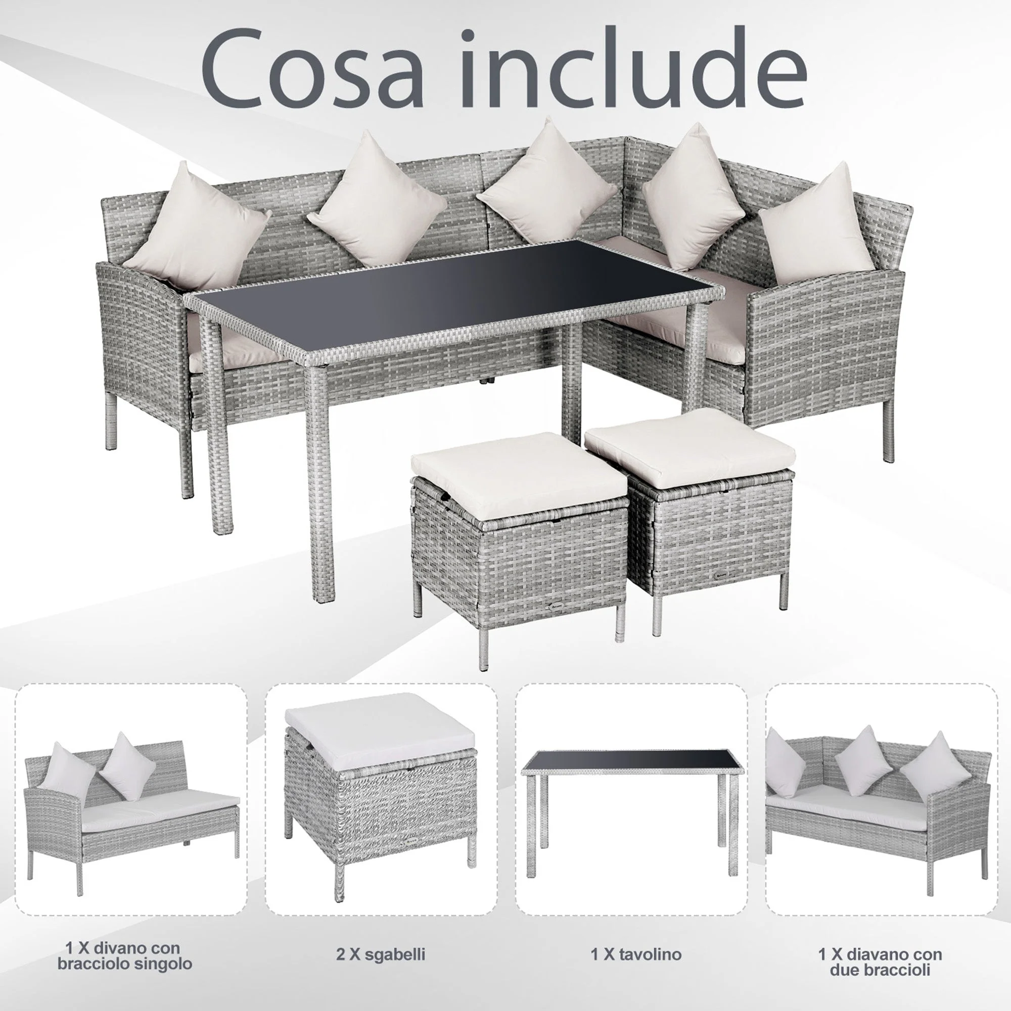 6 Seater Rattan Dining Set Sofa Table Footstool Outdoor w/ Cushion Garden Furniture - Image 4