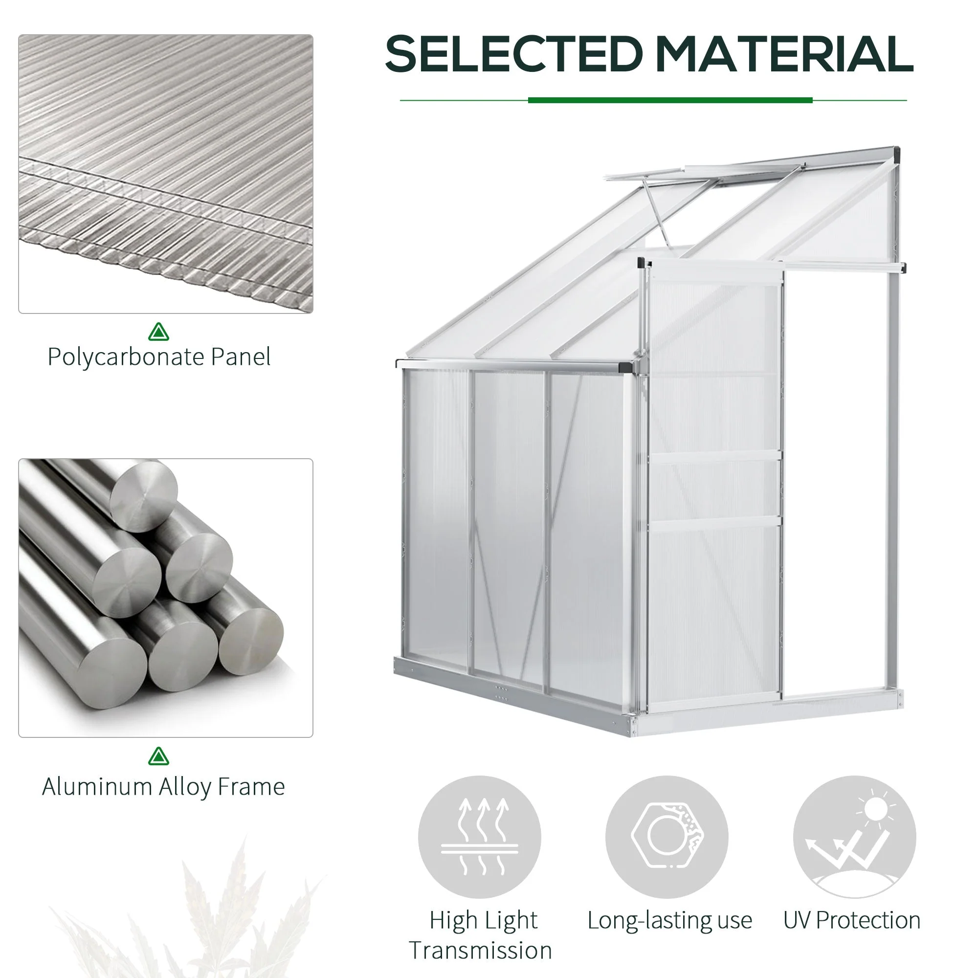 6 x 4ft Lean to Wall Polycarbonate Greenhouse Aluminium Walk-in Garden Greenhouse with Adjustable Roof Vent - Image 3