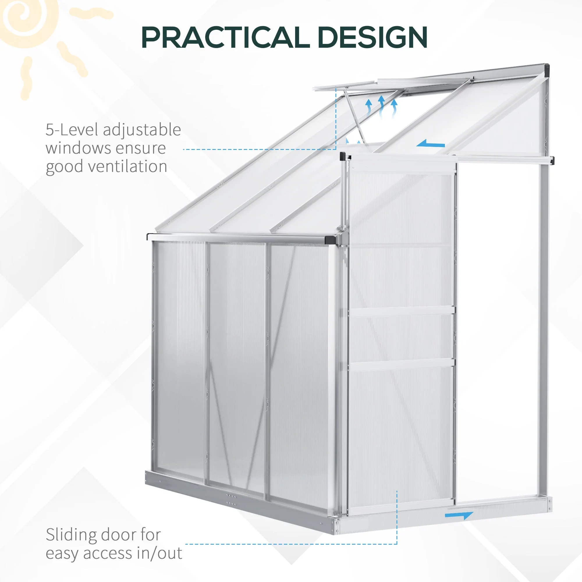 6 x 4ft Lean to Wall Polycarbonate Greenhouse Aluminium Walk-in Garden Greenhouse with Adjustable Roof Vent - Image 4