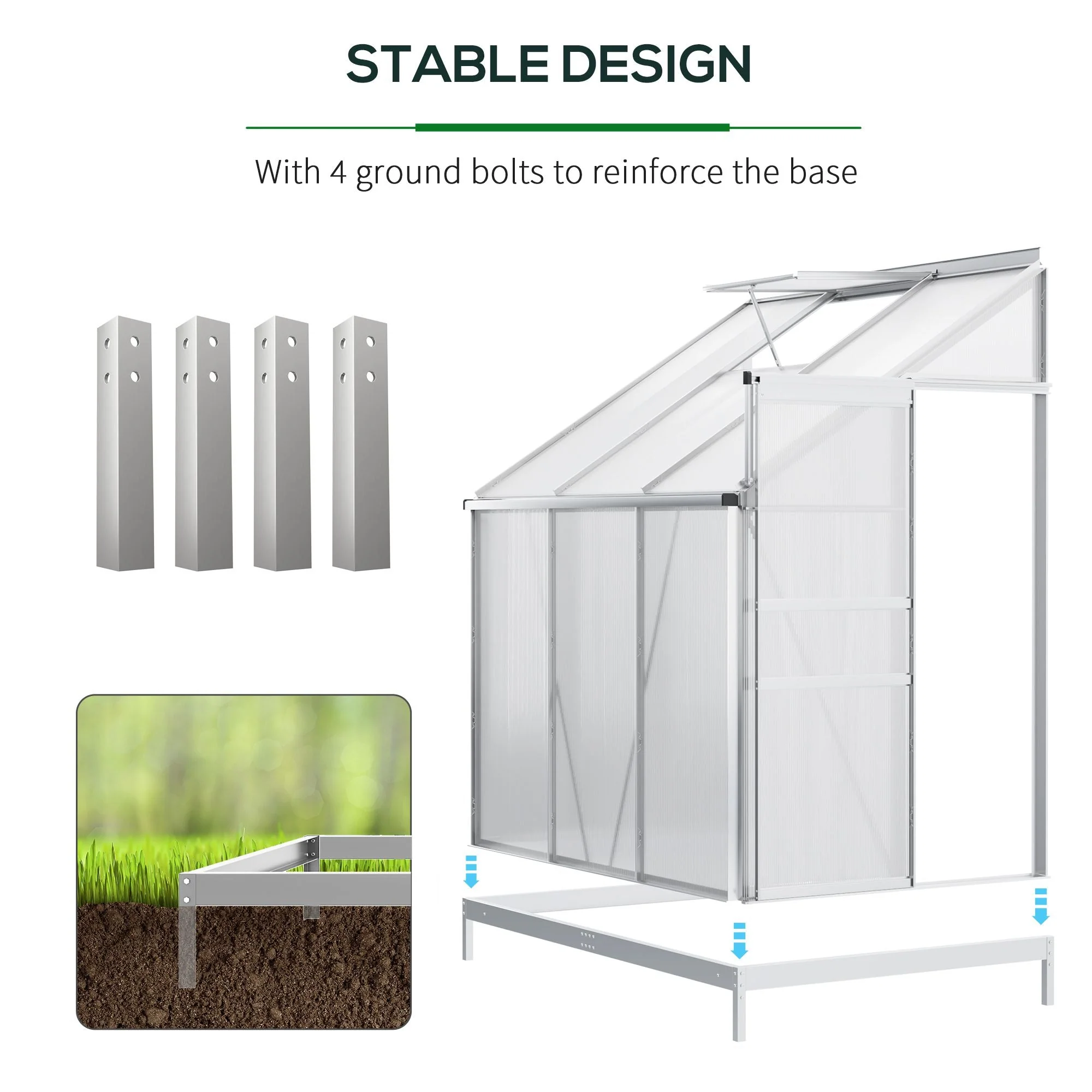 6 x 4ft Lean to Wall Polycarbonate Greenhouse Aluminium Walk-in Garden Greenhouse with Adjustable Roof Vent - Image 5