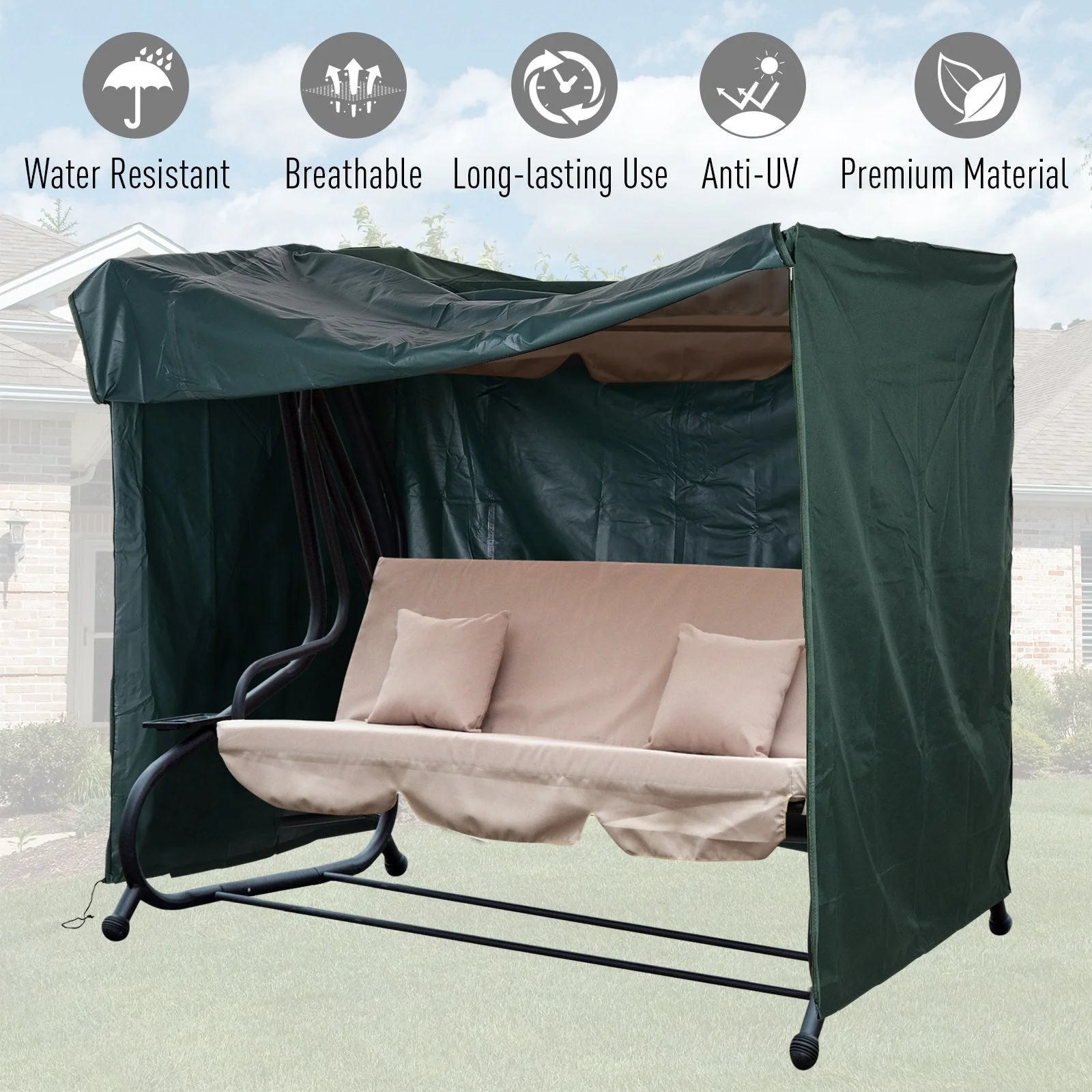 600D Oxford Patio Swing Chair Cover Outdoor Garden Furniture Rain Protection Protector Waterproof Anti-UV Green 205L x 124W x 164H cm - Image 4