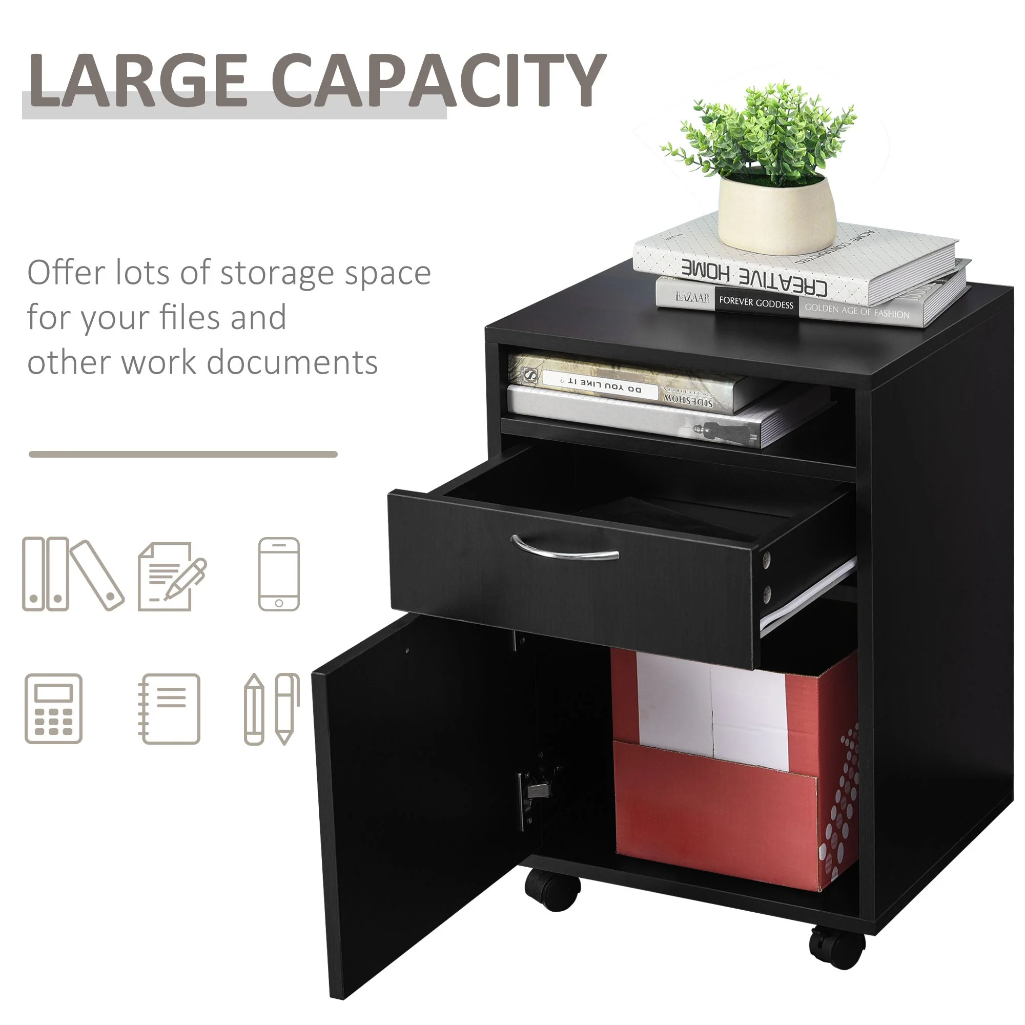 60cm Storage Cabinet w/ Drawer Open Shelf Metal Handles 4 Wheels Office Home Organiser Mobile Printer Black - Image 4