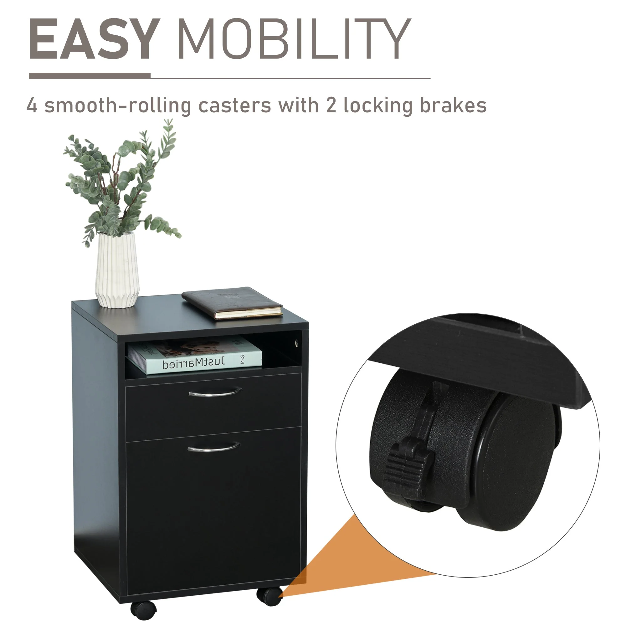 60cm Storage Cabinet w/ Drawer Open Shelf Metal Handles 4 Wheels Office Home Organiser Mobile Printer Black - Image 6