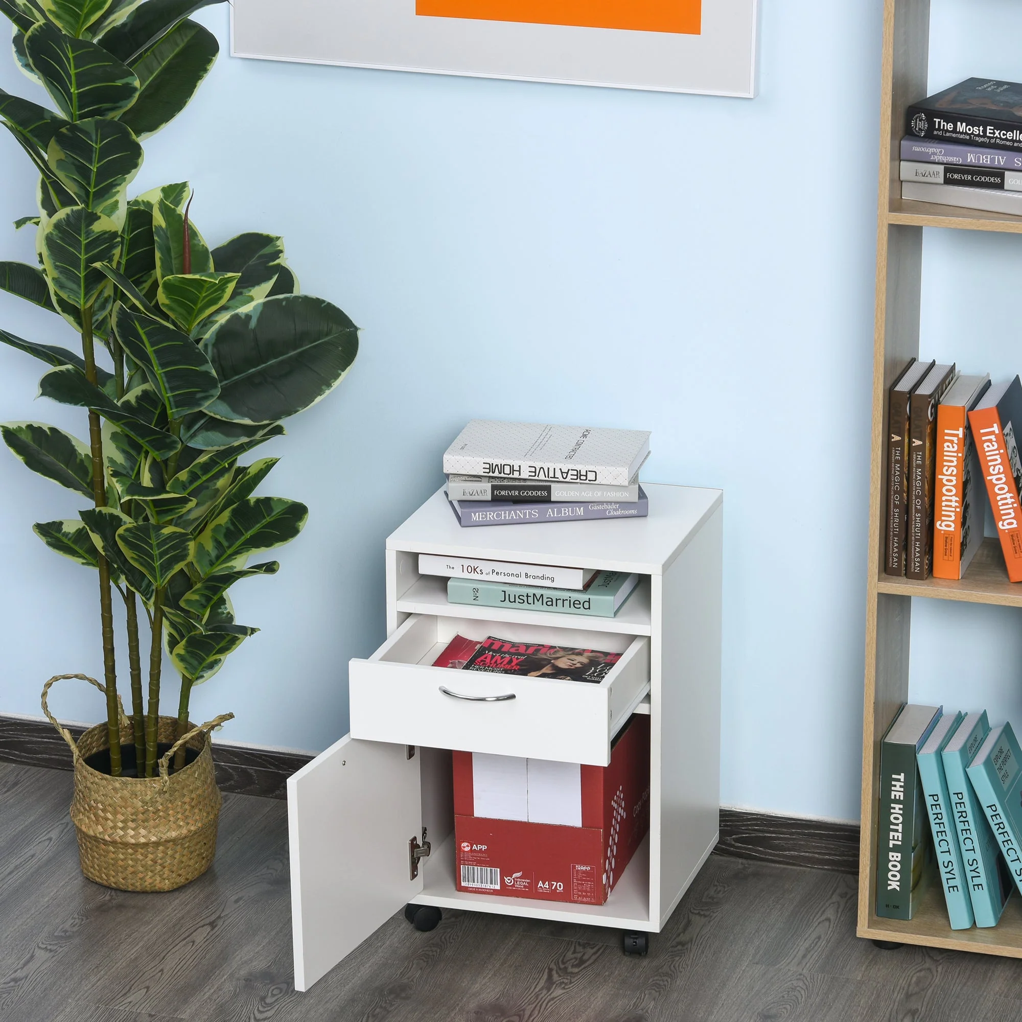 60cm Storage Cabinet w/ Drawer Open Shelf Metal Handles 4 Wheels Office Home Organiser Mobile Printer White - Image 2