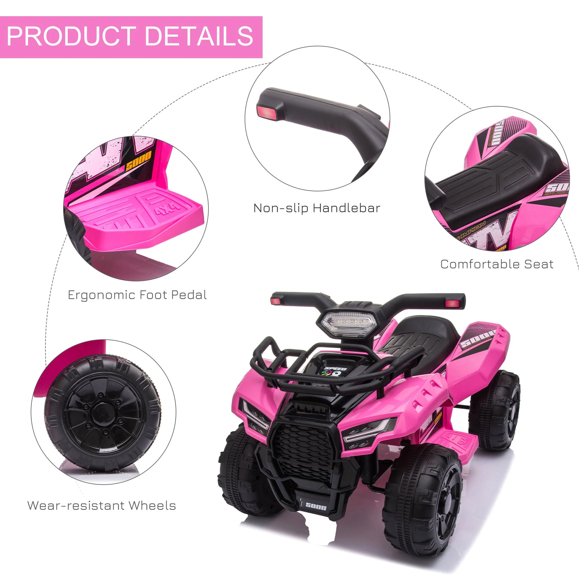 6V Kids Electric Ride on Car Toddlers Quad Bike ATV Toy With Music for 18-36 months Pink - Image 6