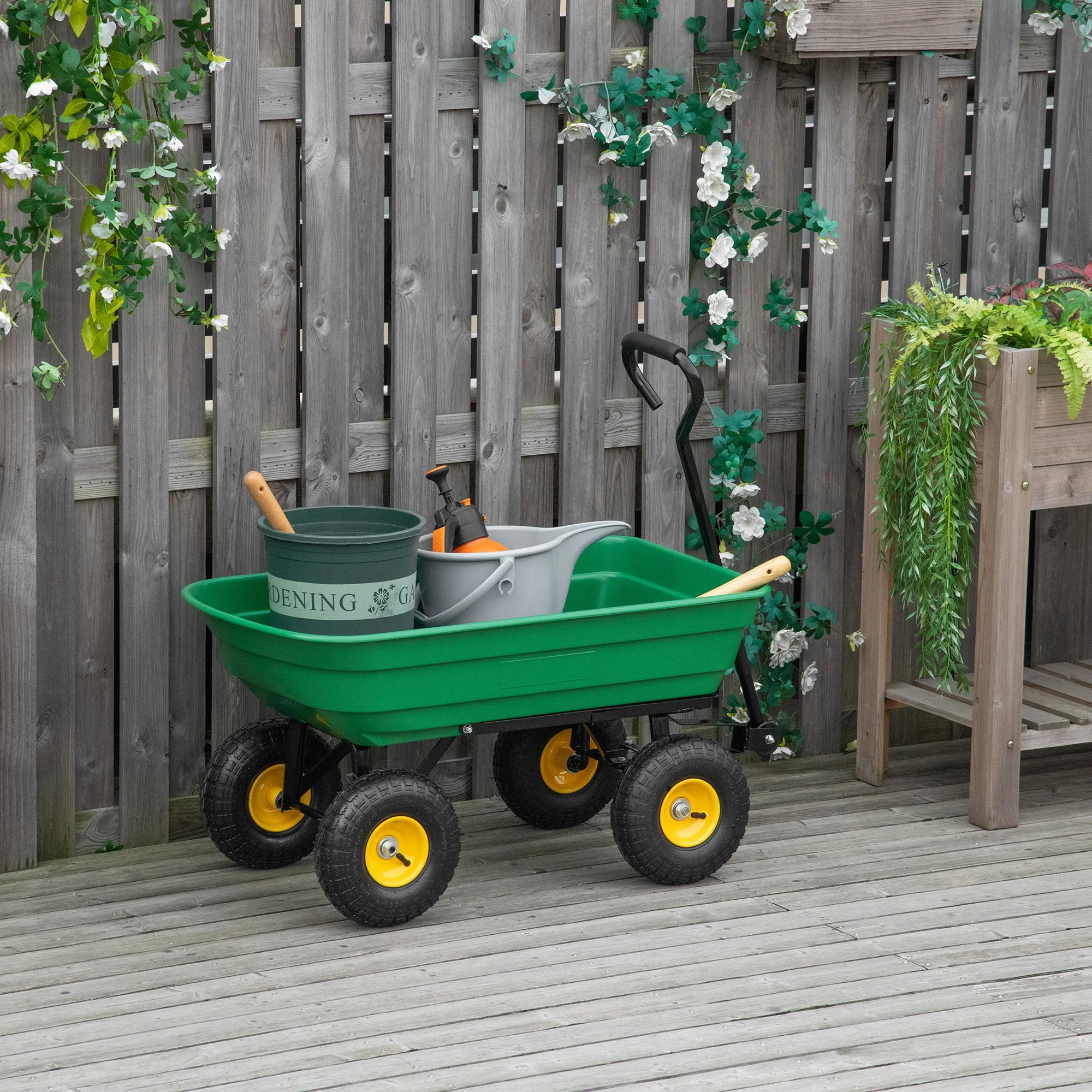 75 Litre Large Garden Cart Heavy Duty 4 Wheel Trolley Dump Wheelbarrow Tipping Truck Trailer - Green - Image 2