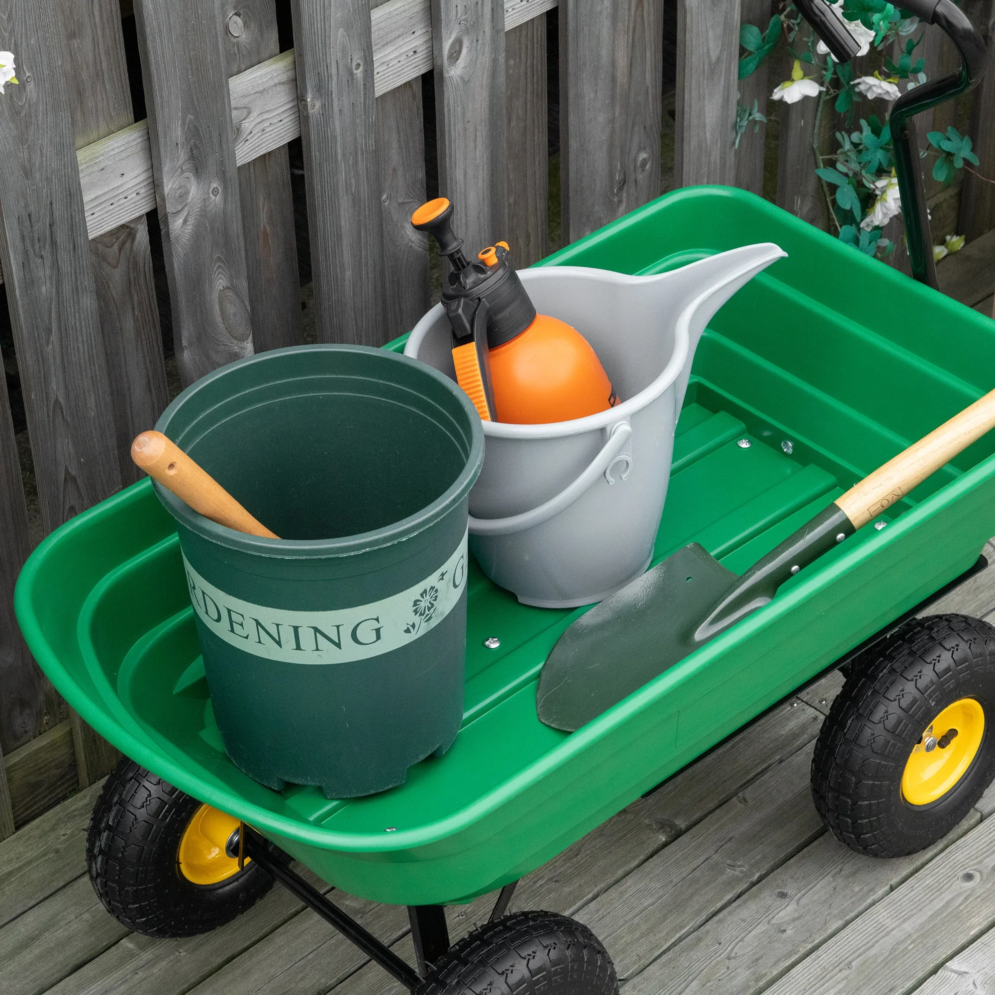 75 Litre Large Garden Cart Heavy Duty 4 Wheel Trolley Dump Wheelbarrow Tipping Truck Trailer - Green - Image 7