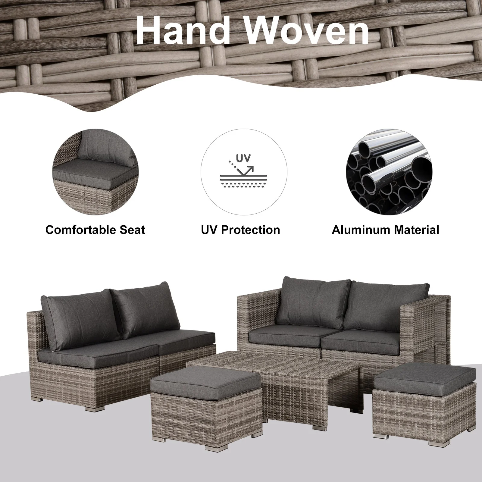8-Piece Rattan Garden Furniture 6 Seater Sofa & Coffee Table Set Bonzer Outdoor Patio Furniture Wicker Weave Chair Space-saving Compact - Grey - Image 5