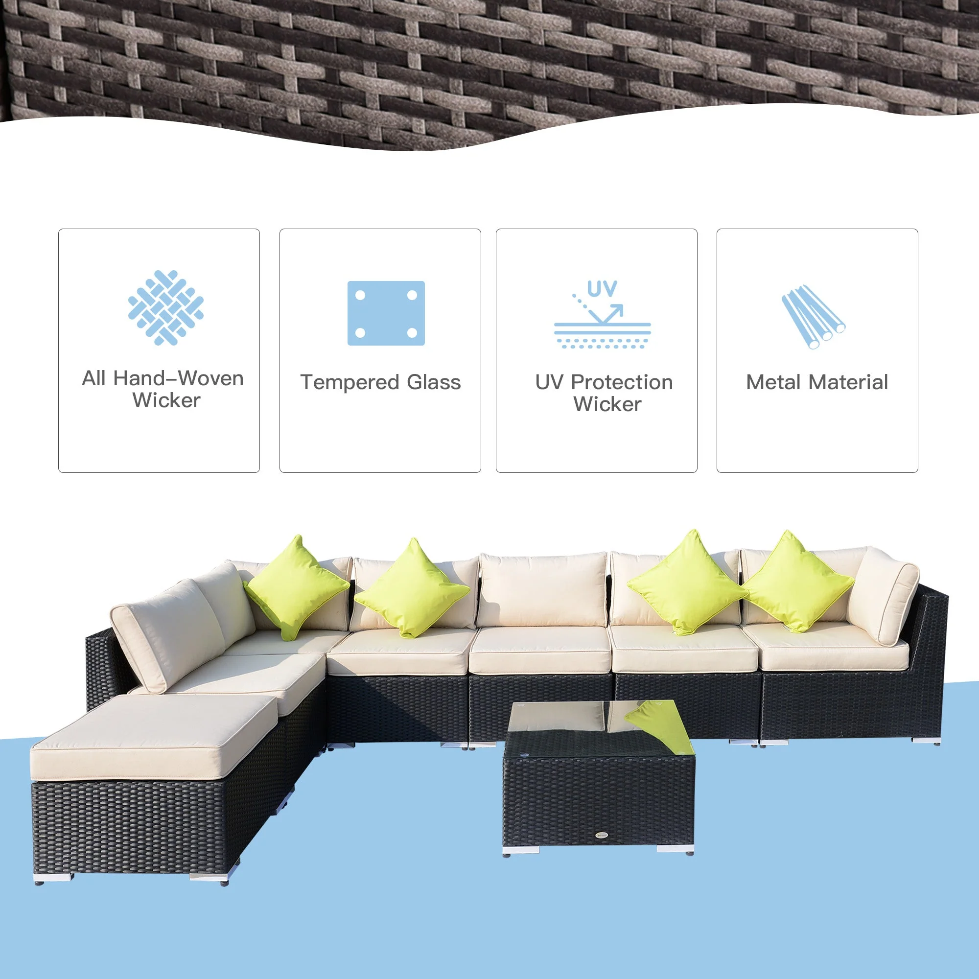 8-Pieces PE Rattan Corner Sofa Set with Thick Cushions - Image 6