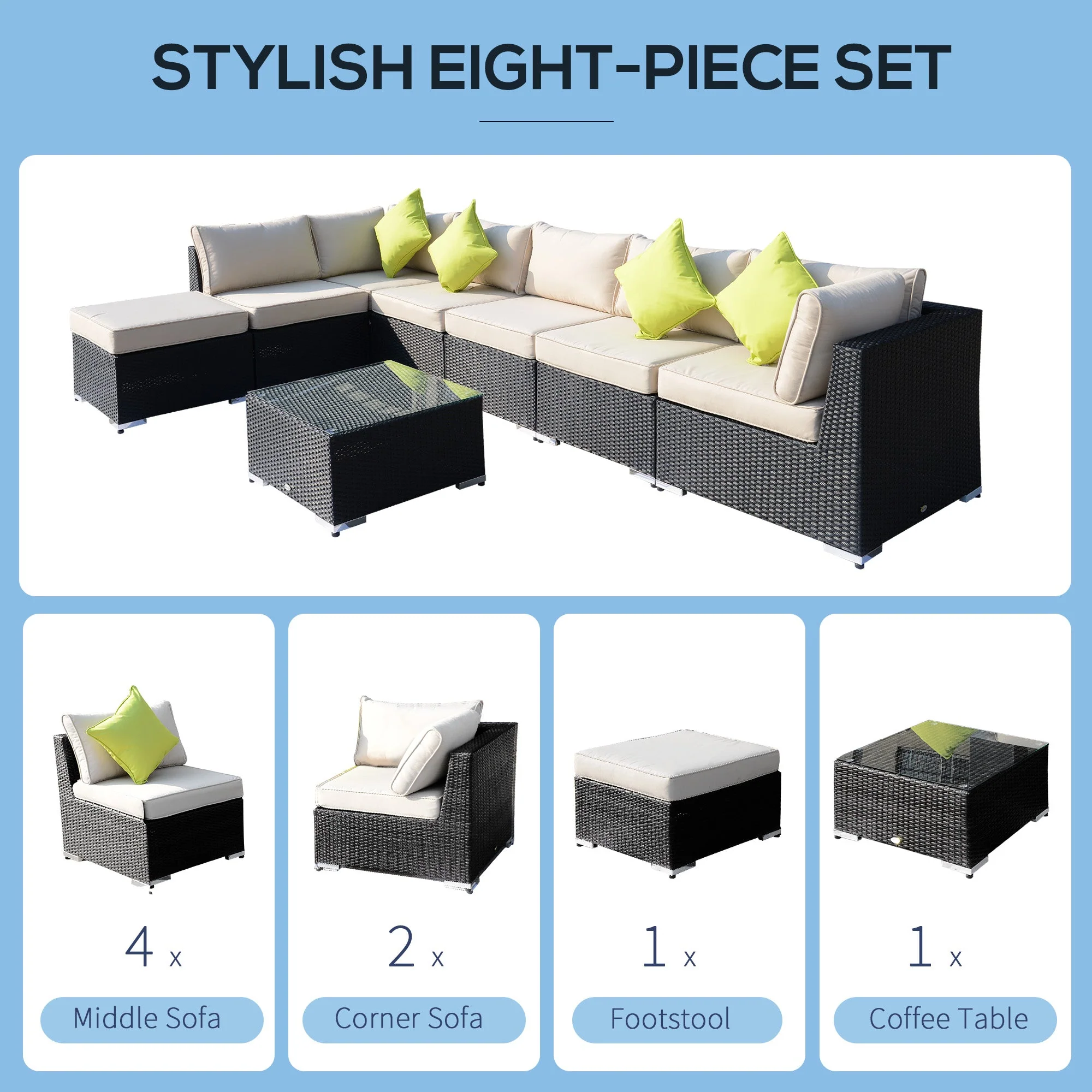 8-Pieces PE Rattan Corner Sofa Set with Thick Cushions - Image 7