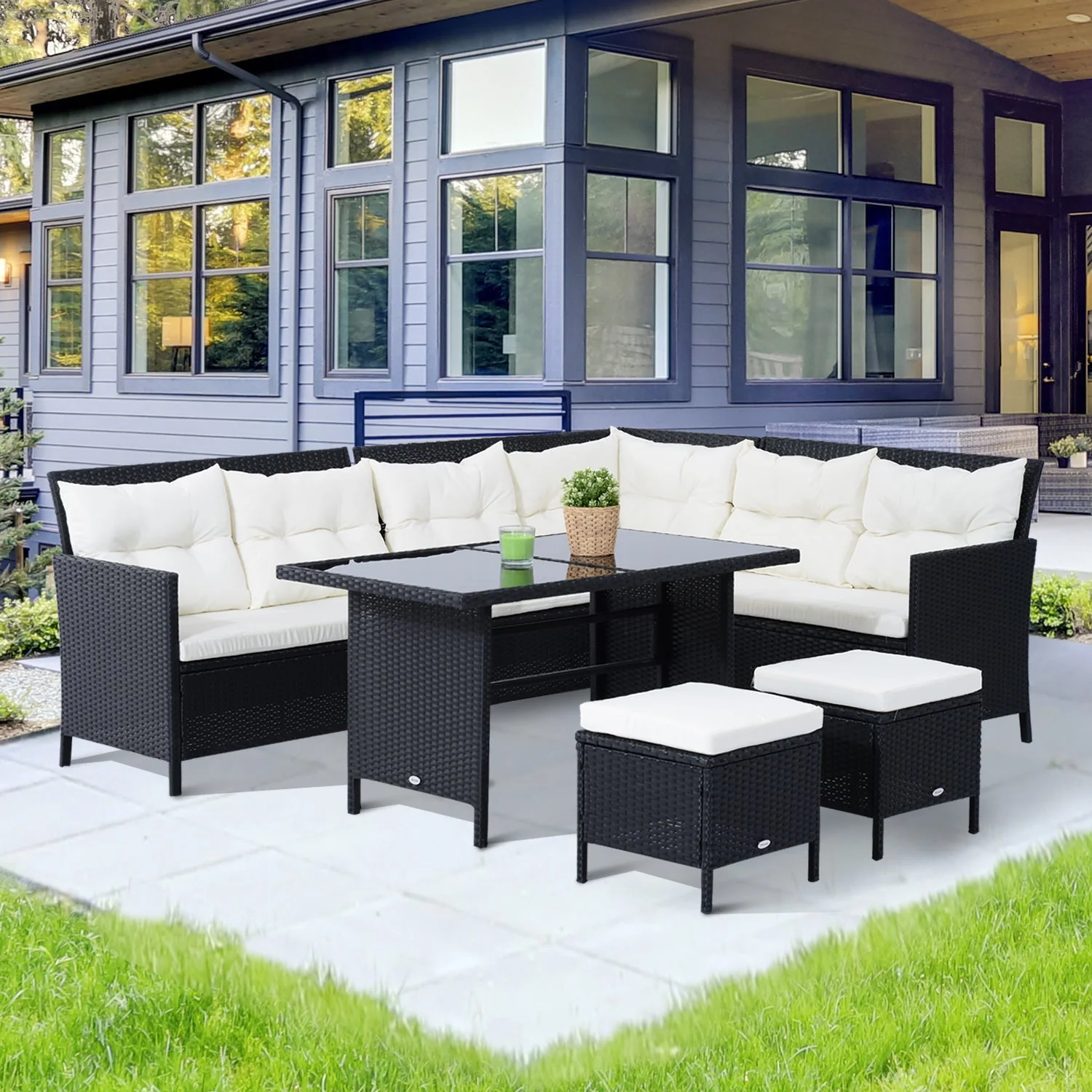 8 Seater Garden Rattan Furniture Rattan Corner Dining Sofa Set Wicker Conservatory Furniture Lawn Patio Coffee Table Foot Stool w/Cushion-Black - Image 2