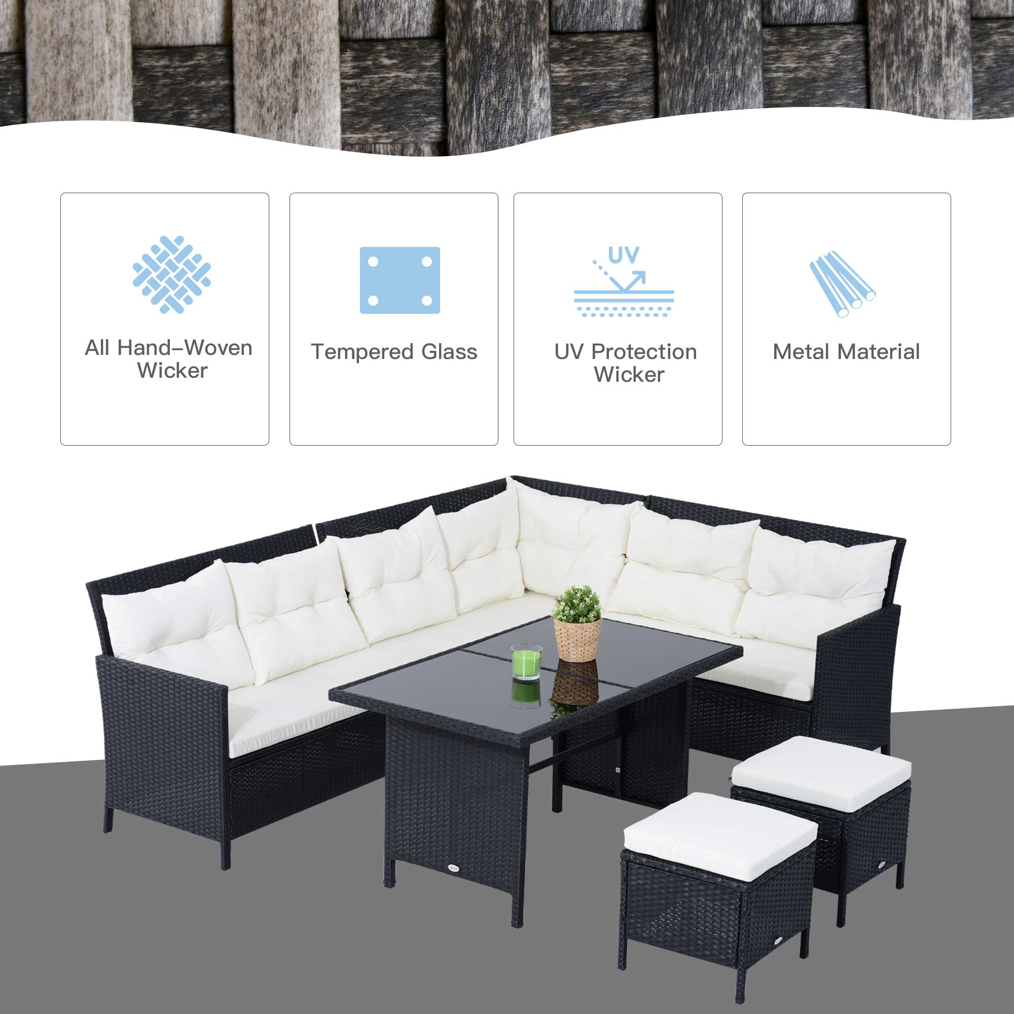 8 Seater Garden Rattan Furniture Rattan Corner Dining Sofa Set Wicker Conservatory Furniture Lawn Patio Coffee Table Foot Stool w/Cushion-Black - Image 5