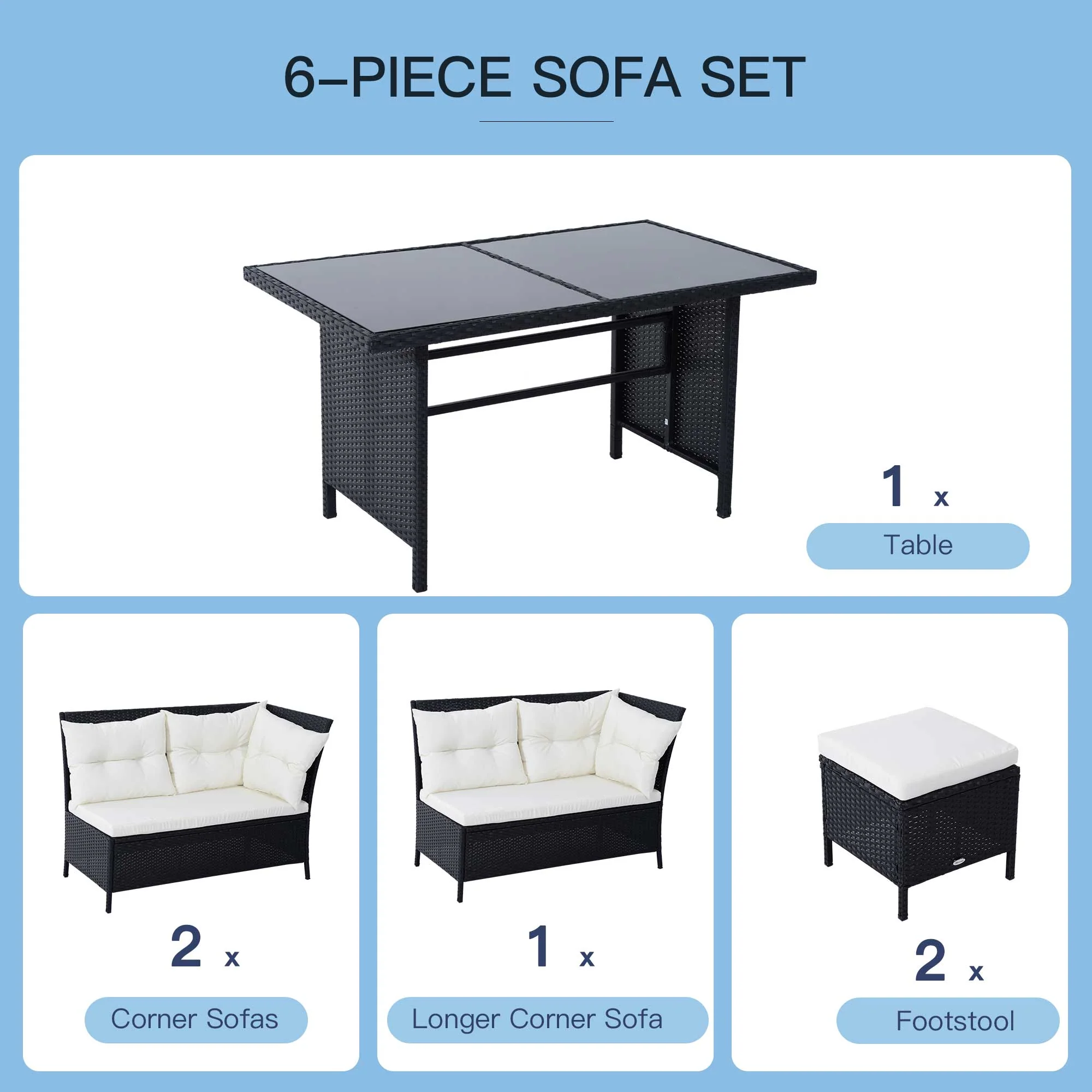 8 Seater Garden Rattan Furniture Rattan Corner Dining Sofa Set Wicker Conservatory Furniture Lawn Patio Coffee Table Foot Stool w/Cushion-Black - Image 6
