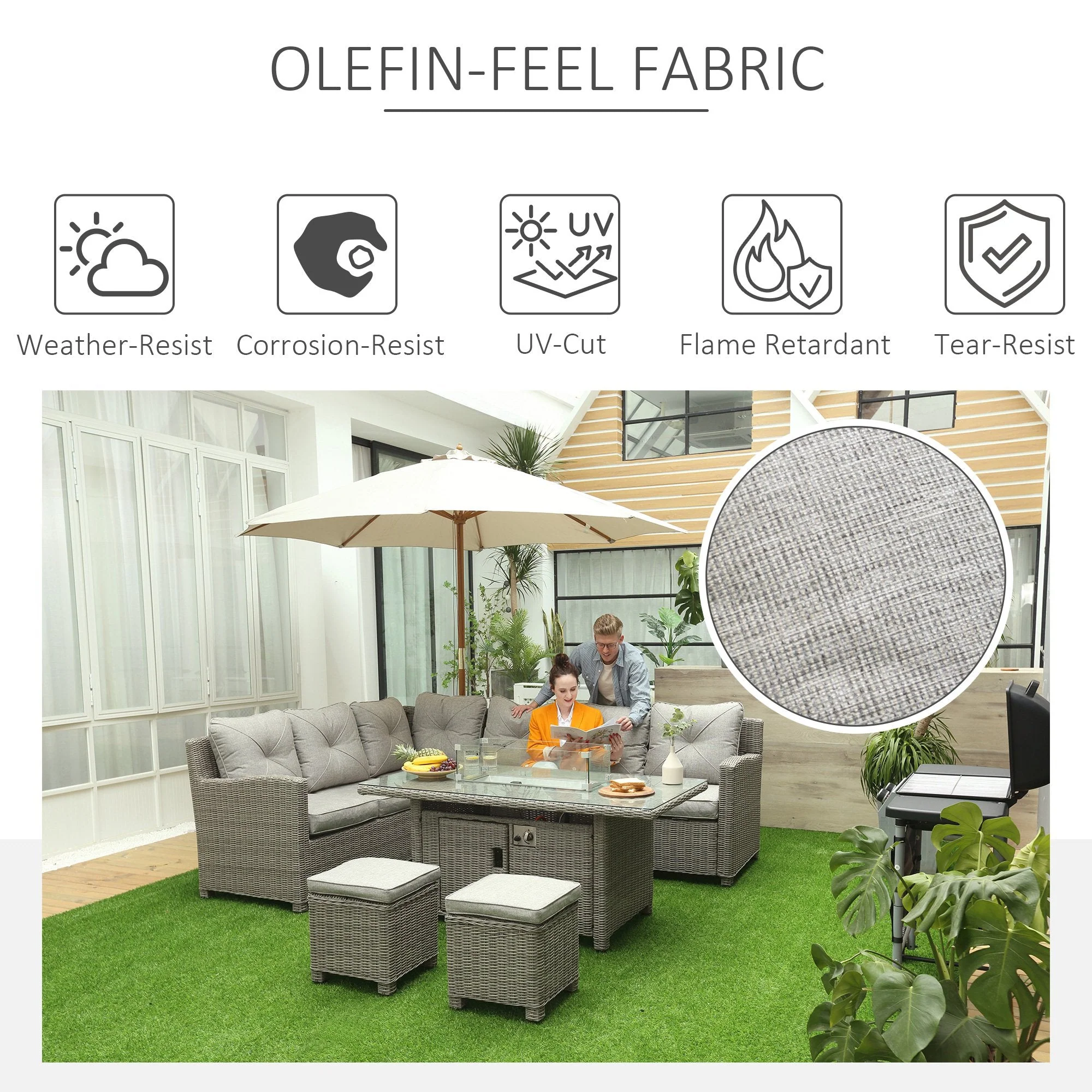 8 Seater Outdoor PE Rattan Sofa Set Conversation Set w/ Fire Pit Table - Image 6