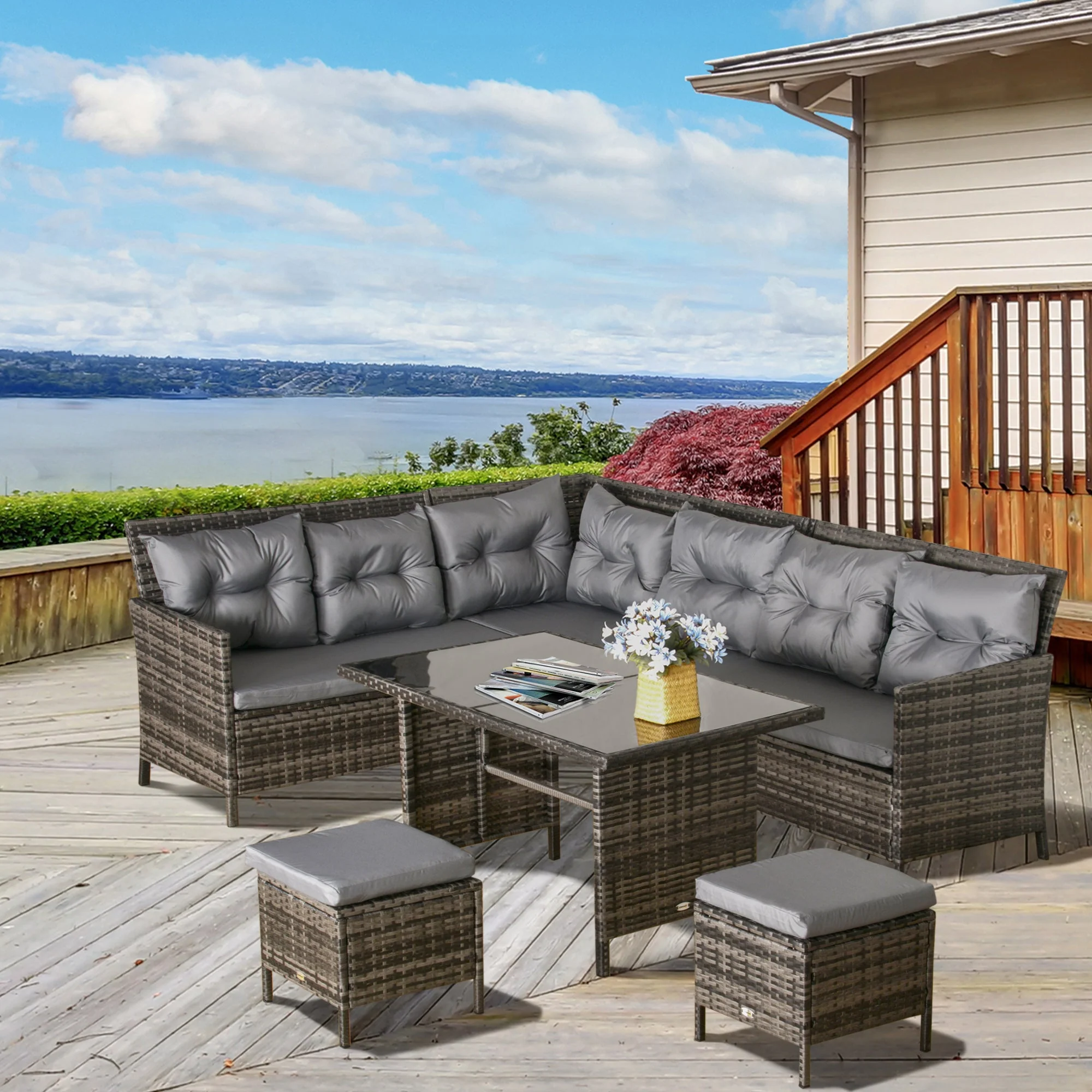 8 Seater Patio wicker Sofa Set Rattan Chair Furniture w/ Glass & Cushioned - Image 2