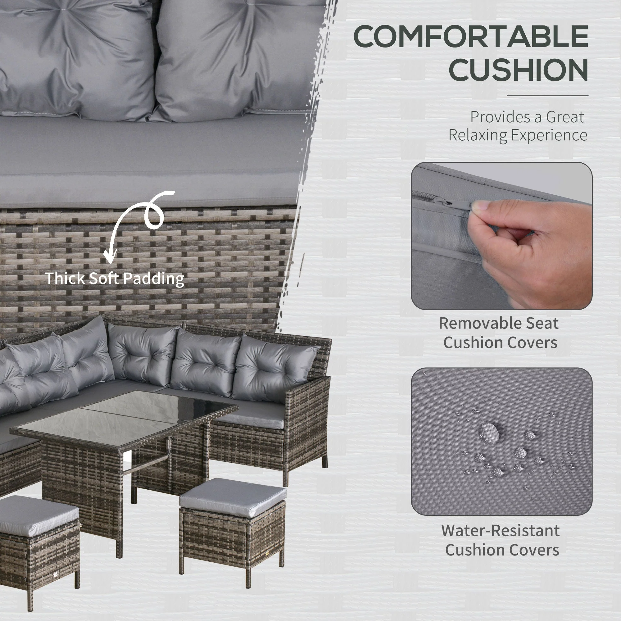 8 Seater Patio wicker Sofa Set Rattan Chair Furniture w/ Glass & Cushioned - Image 5