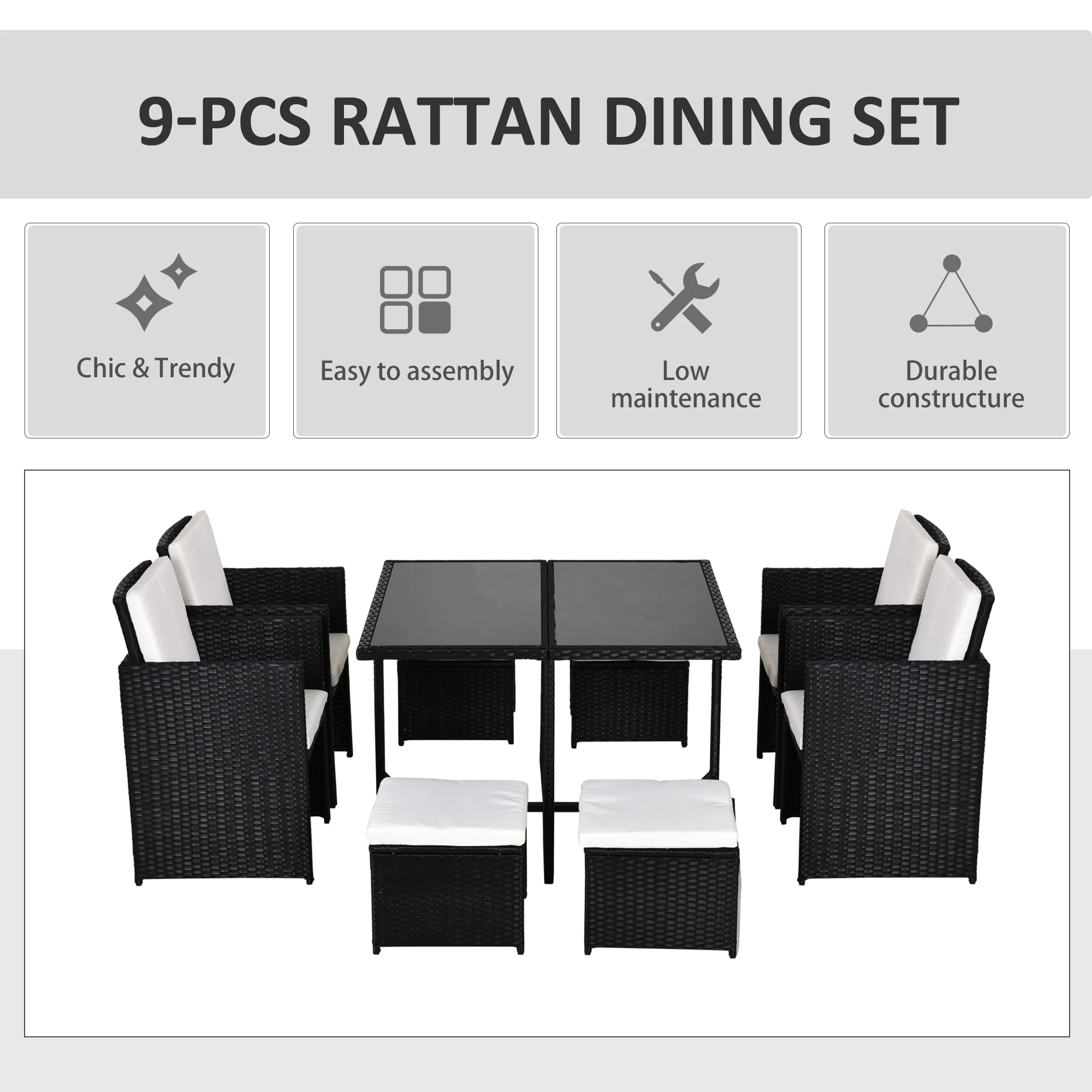9-Pieces PE Rattan Cube Garden Furniture Set with Cushions - Image 4