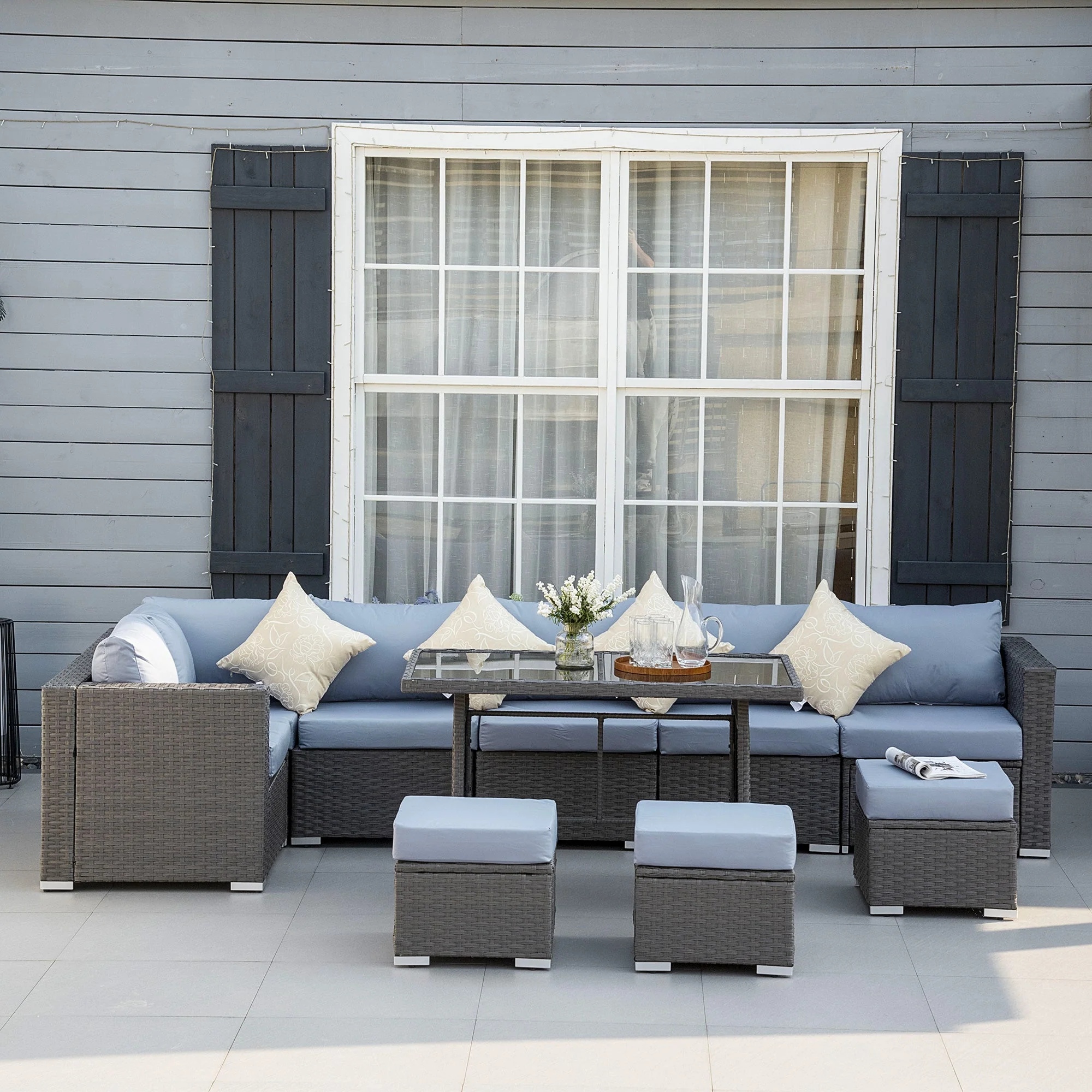9 Seater Garden Rattan Furniture 10-Piece Rattan Corner Dining Sofa Set - Image 2