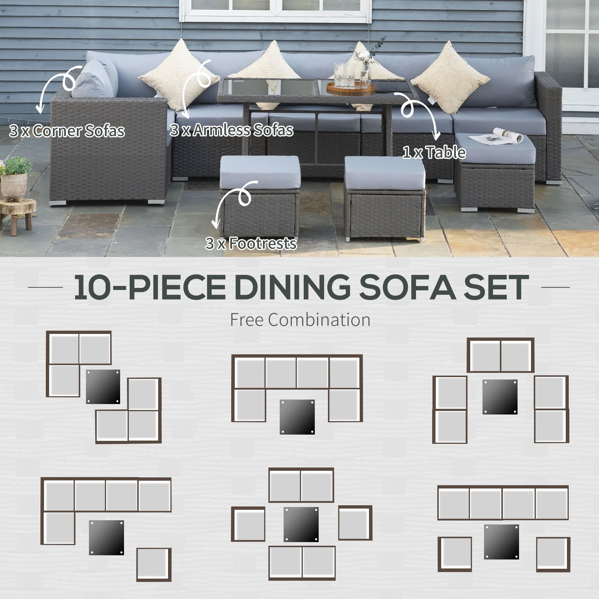 9 Seater Garden Rattan Furniture 10-Piece Rattan Corner Dining Sofa Set - Image 4