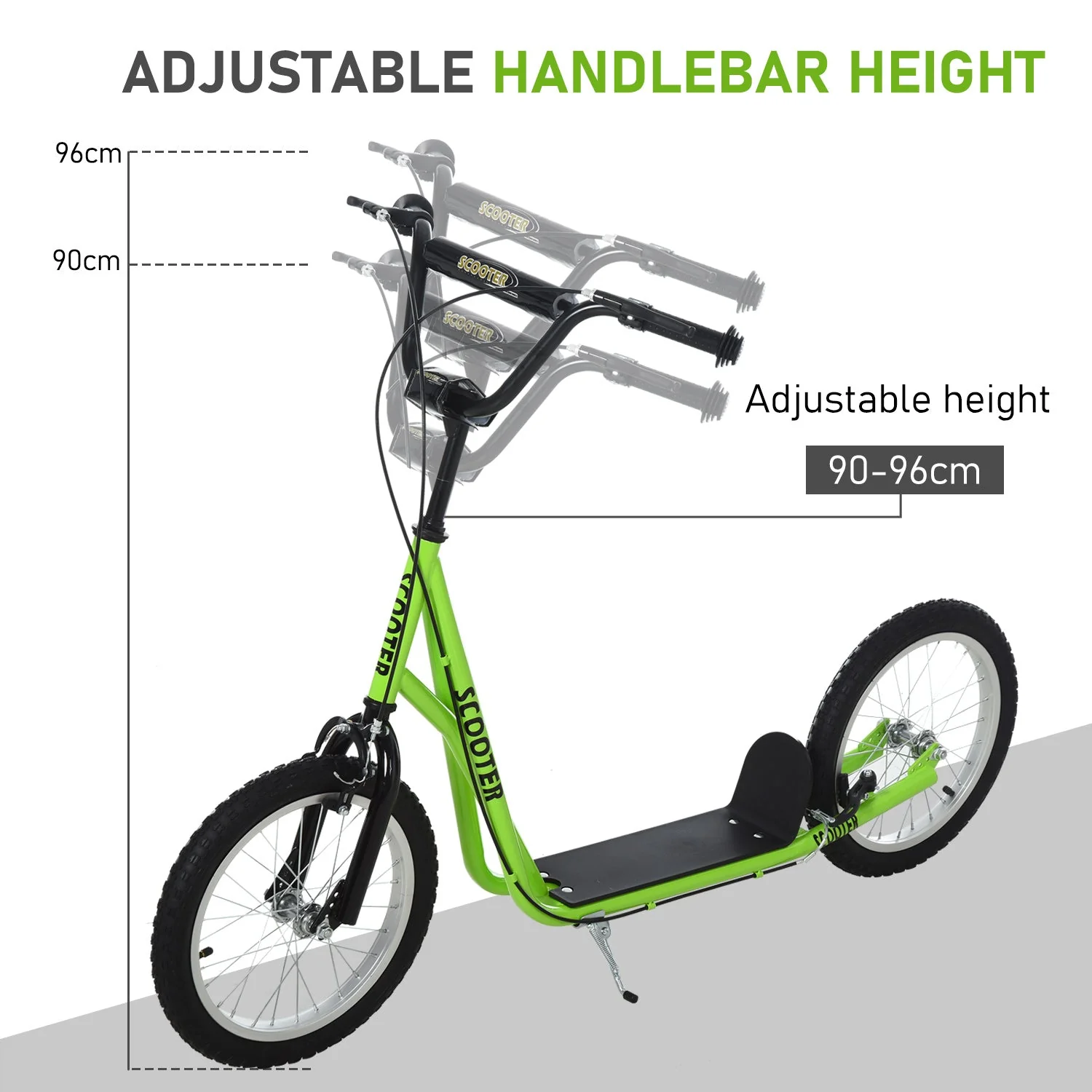 90-96cm Kids Kick Scooter w/ Adjustable Handlebar Inflatable Wheels Brakes Green - Image 4