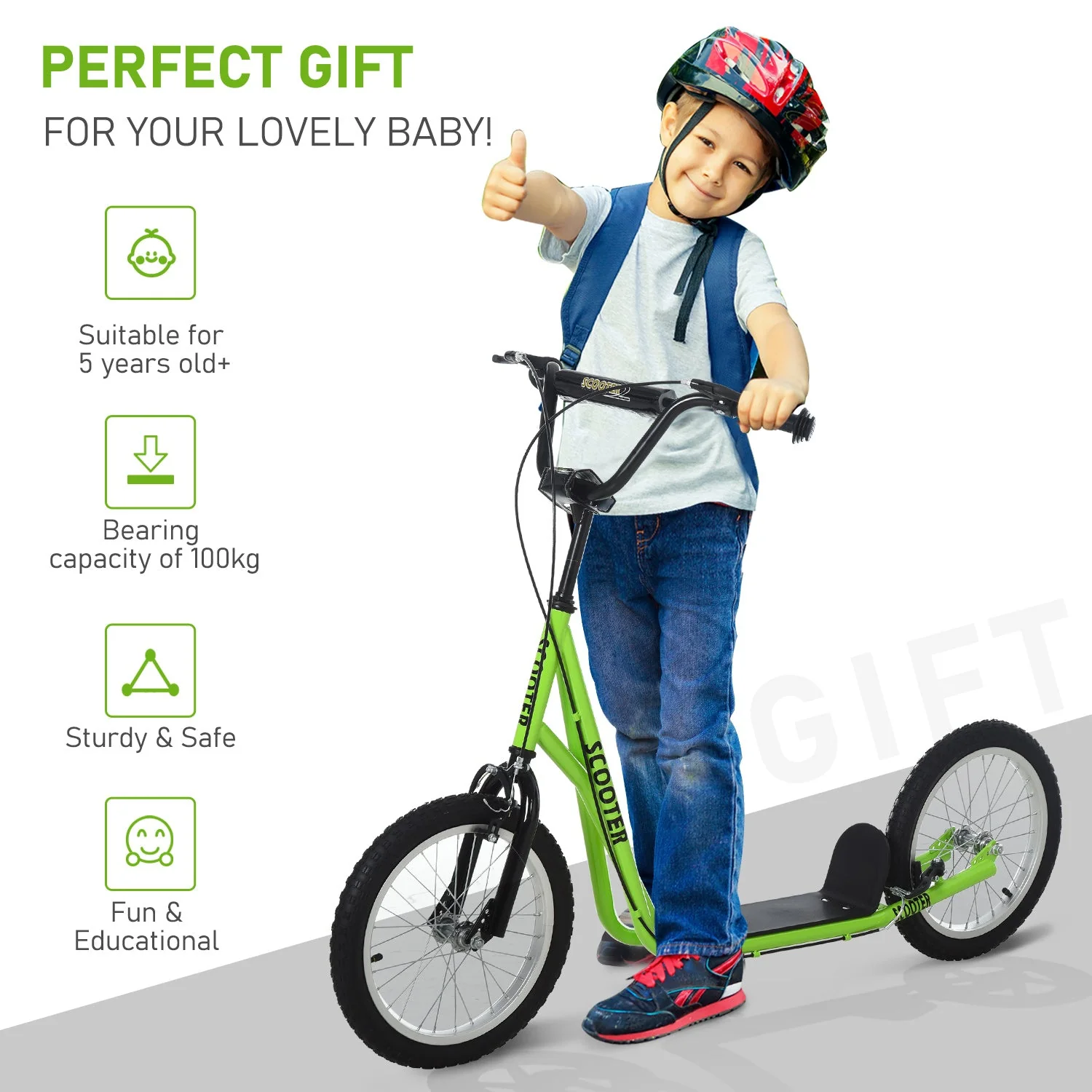 90-96cm Kids Kick Scooter w/ Adjustable Handlebar Inflatable Wheels Brakes Green - Image 5