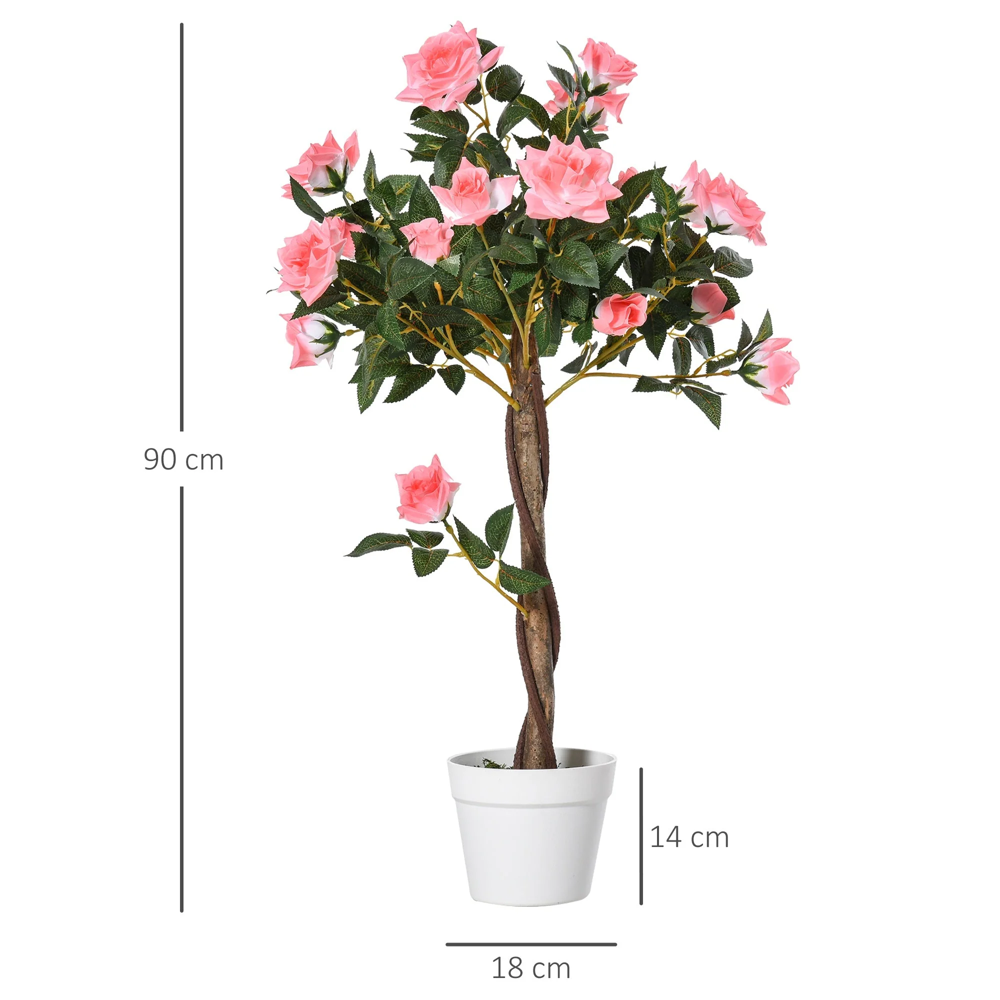 90cm/3FT Artificial Rose Tree Fake Decorative Plant w/ 21 Flowers Pot Indoor Outdoor Faux Decoration Home Office Décor Pink & Green - Image 3