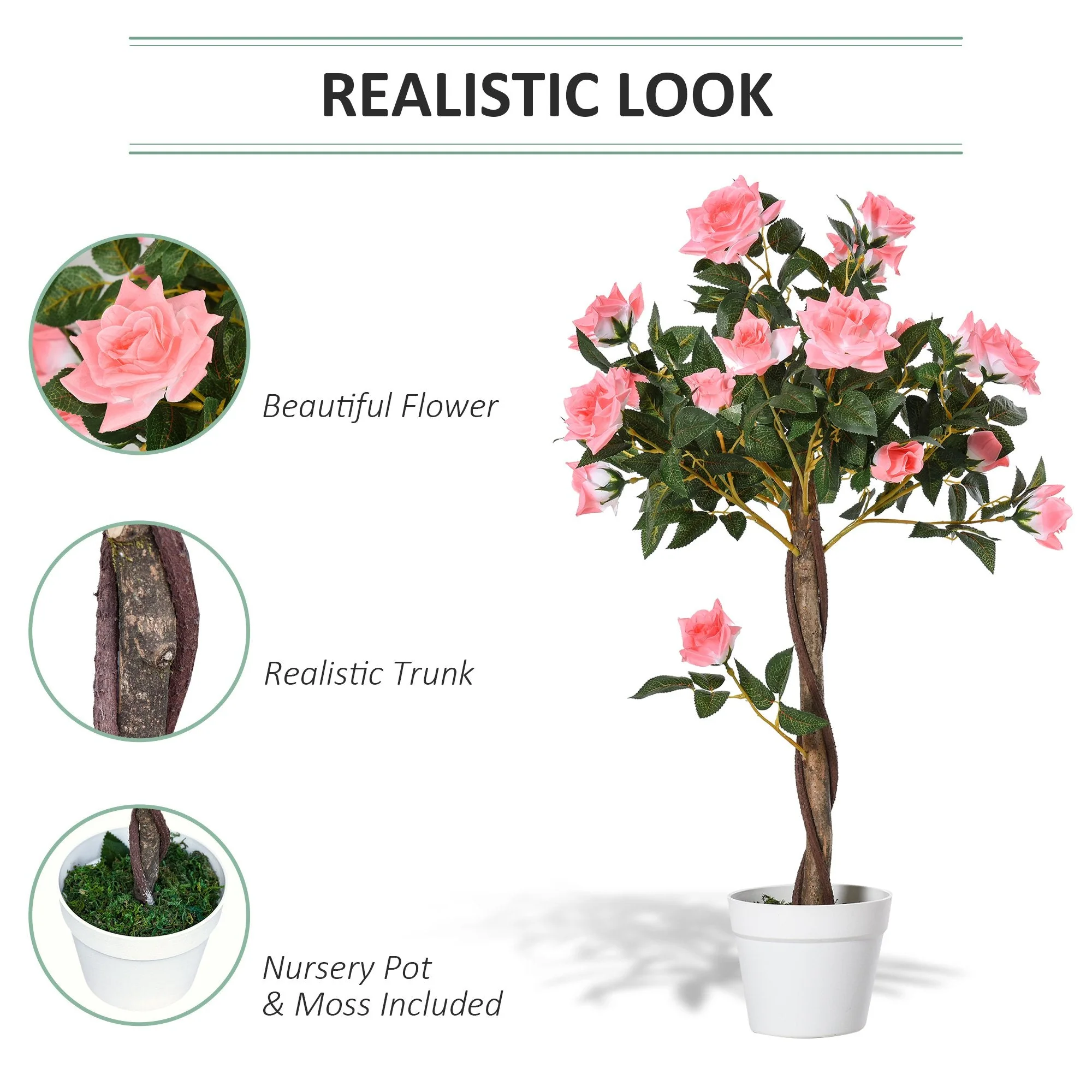90cm/3FT Artificial Rose Tree Fake Decorative Plant w/ 21 Flowers Pot Indoor Outdoor Faux Decoration Home Office Décor Pink & Green - Image 4