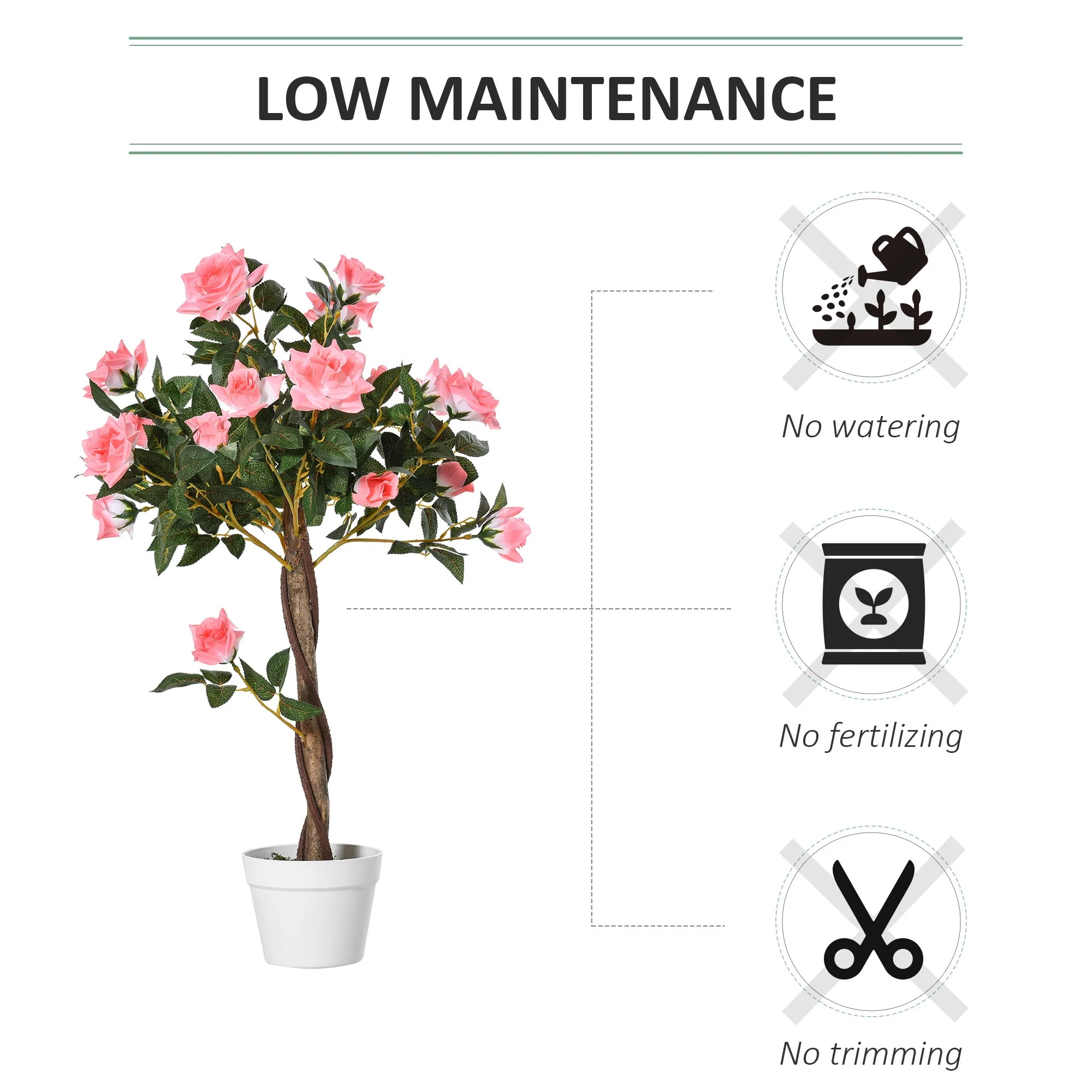 90cm/3FT Artificial Rose Tree Fake Decorative Plant w/ 21 Flowers Pot Indoor Outdoor Faux Decoration Home Office Décor Pink & Green - Image 5